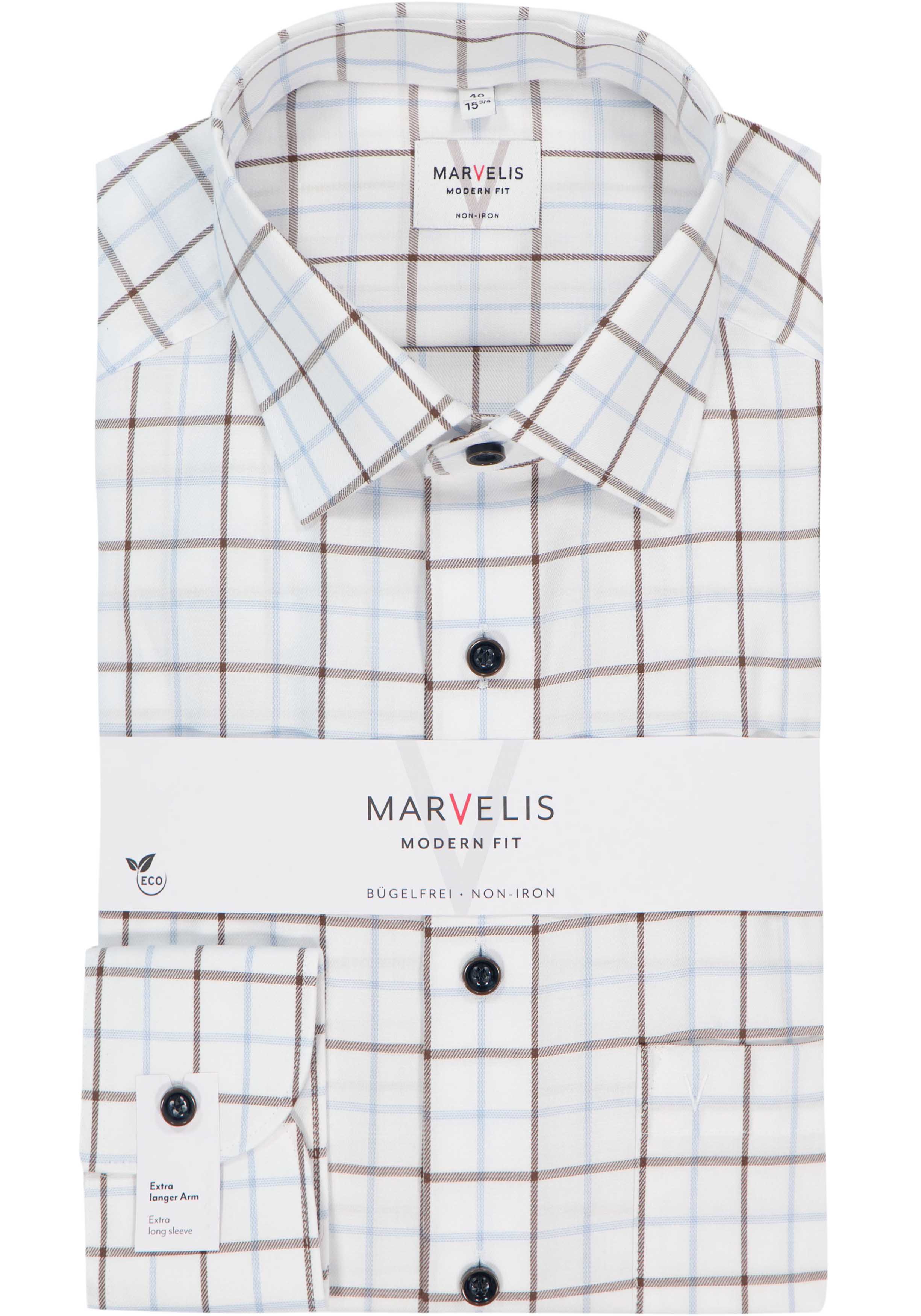 MARVELIS modern fit overhemd, mouwlengte 7, popeline, wit met lichtbruin en lichtblauw geruit