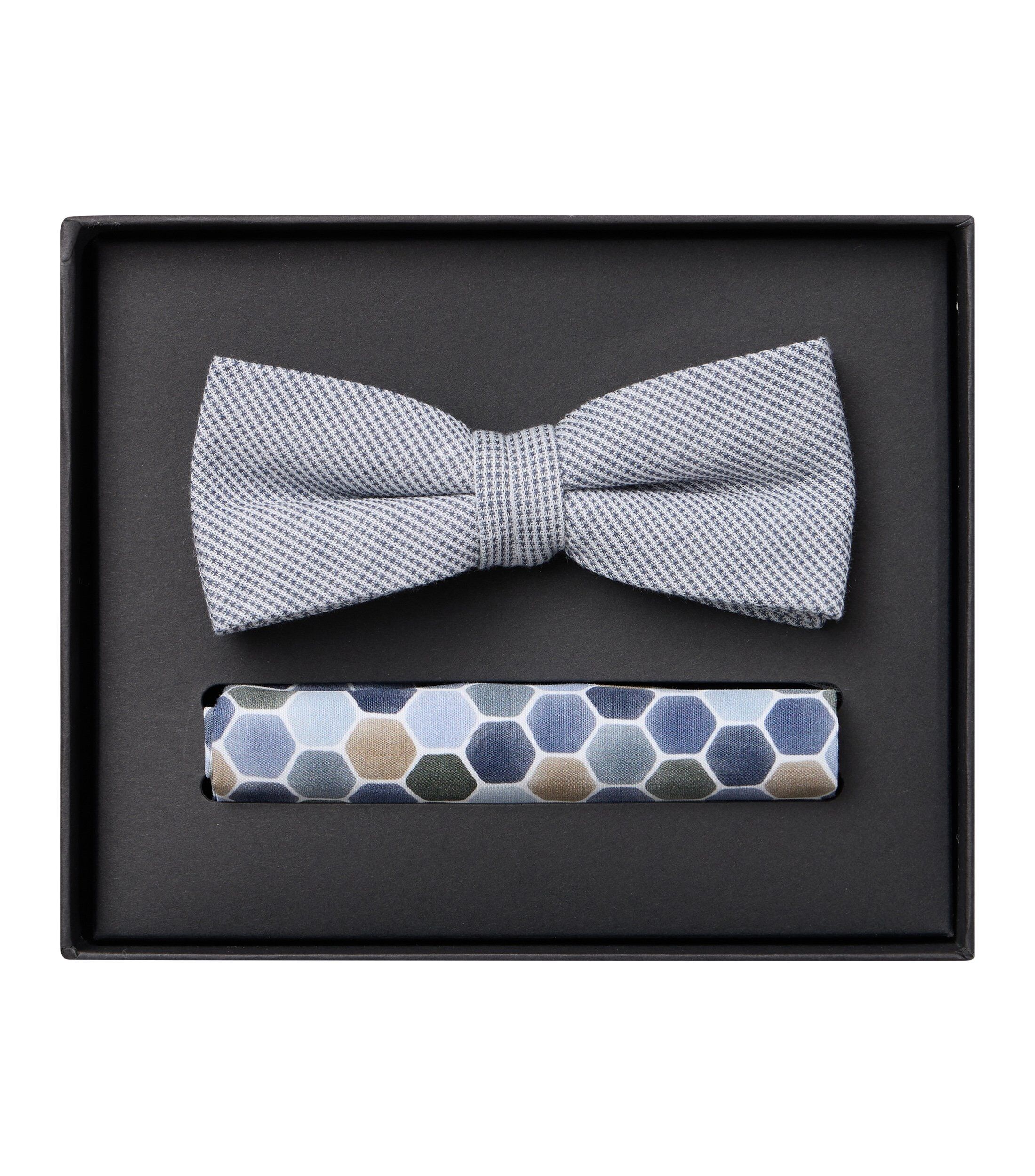 VENTI set met vlinderdas en pochet, blauw met wit en grijs dessin