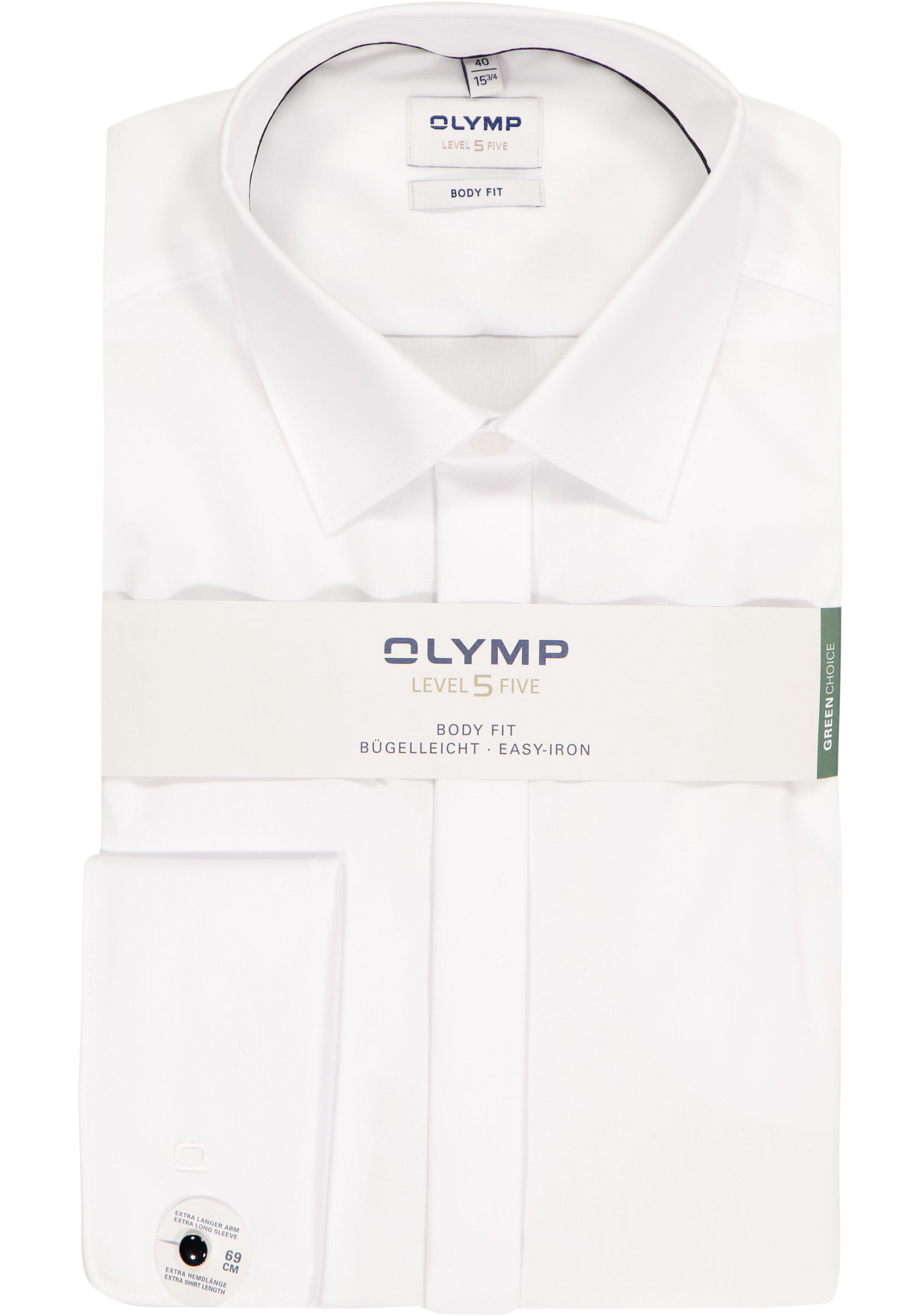 OLYMP Level 5 body fit overhemd, mouwlengte 7, smoking overhemd, wit gladde stof met Kent kraag