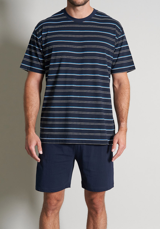 Gotzburg heren shortama O-hals, donkerblauw gestreept Gotzburg heren shortama O-hals, donkerblauw gestreept