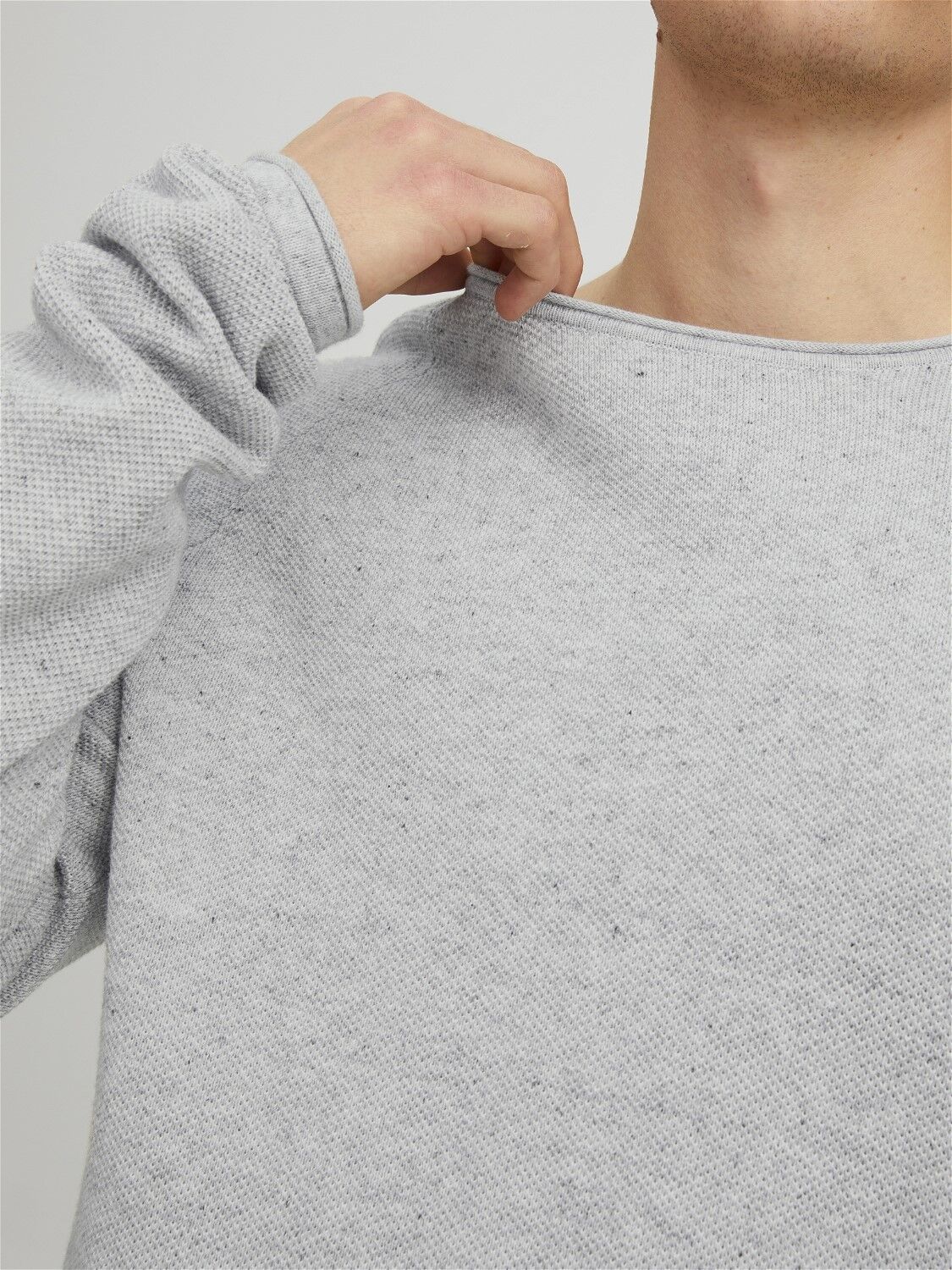 JACK & JONES Hill knit crew neck slim fit, heren pullover katoen met O-hals, lichtgrijs melange