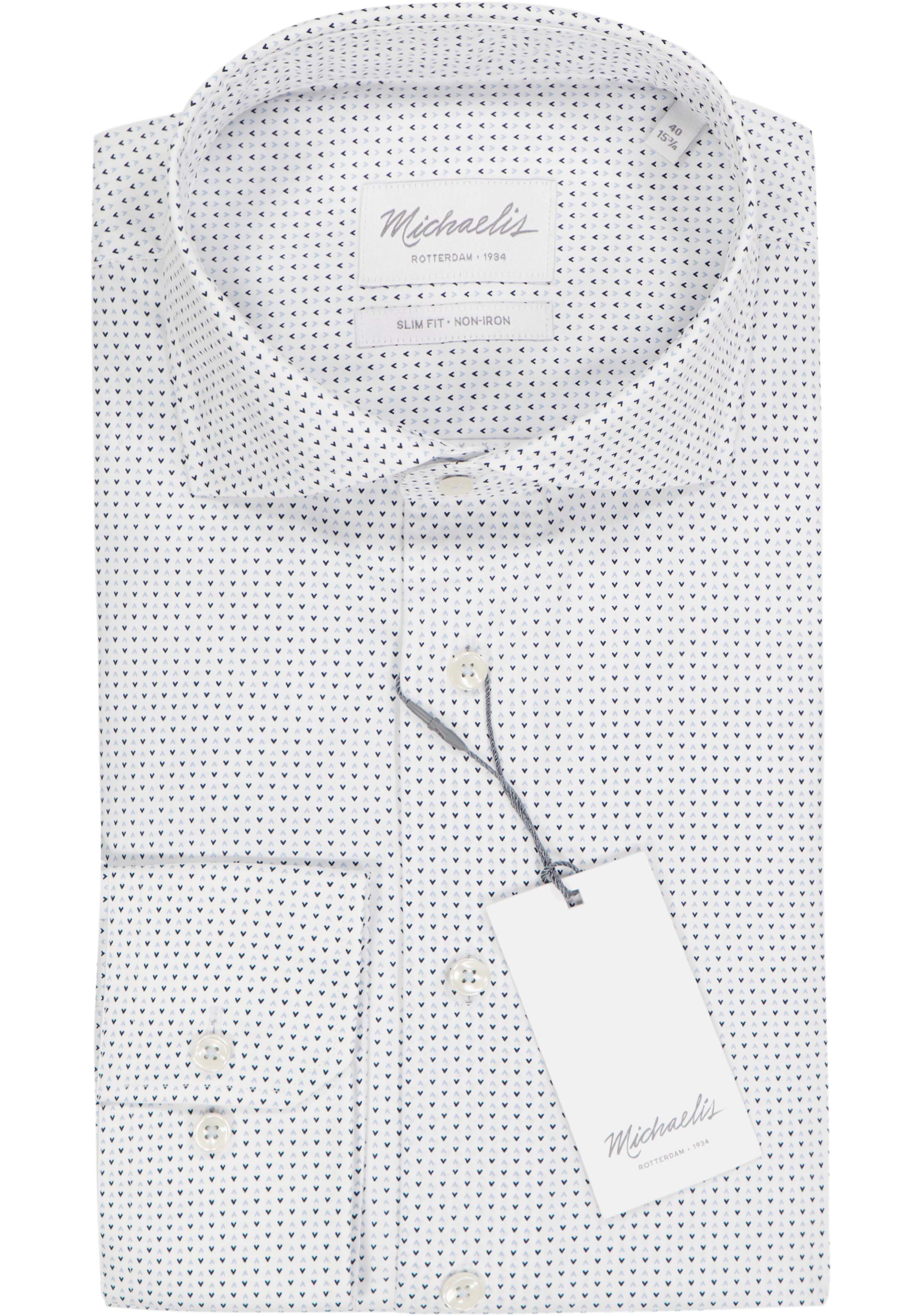 Michaelis slim fit heren overhemd, popeline, wit met licht- en donkerblauw dessin