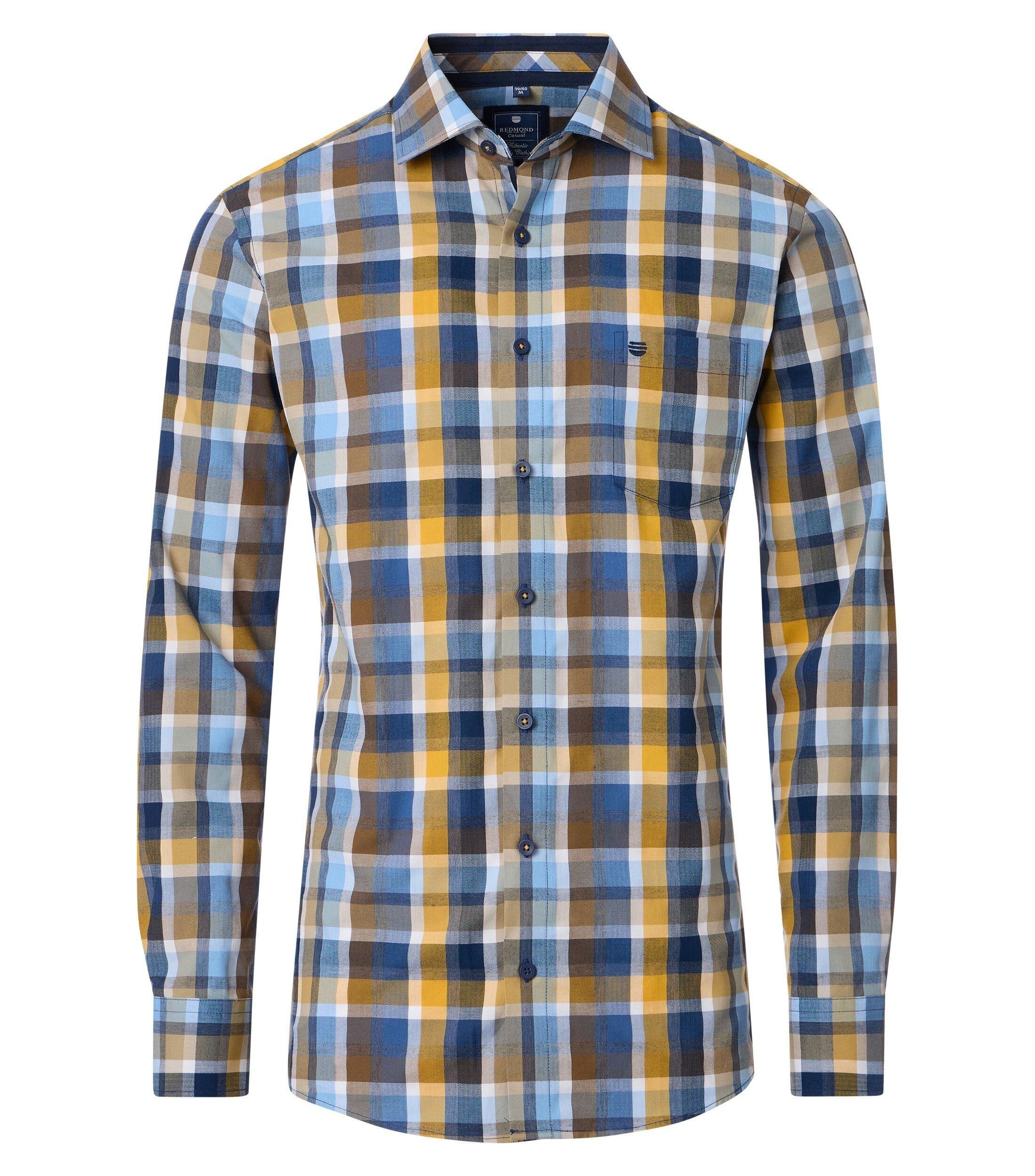 Redmond comfort fit overhemd, dobby, bruin met geel, wit en blauw geruit