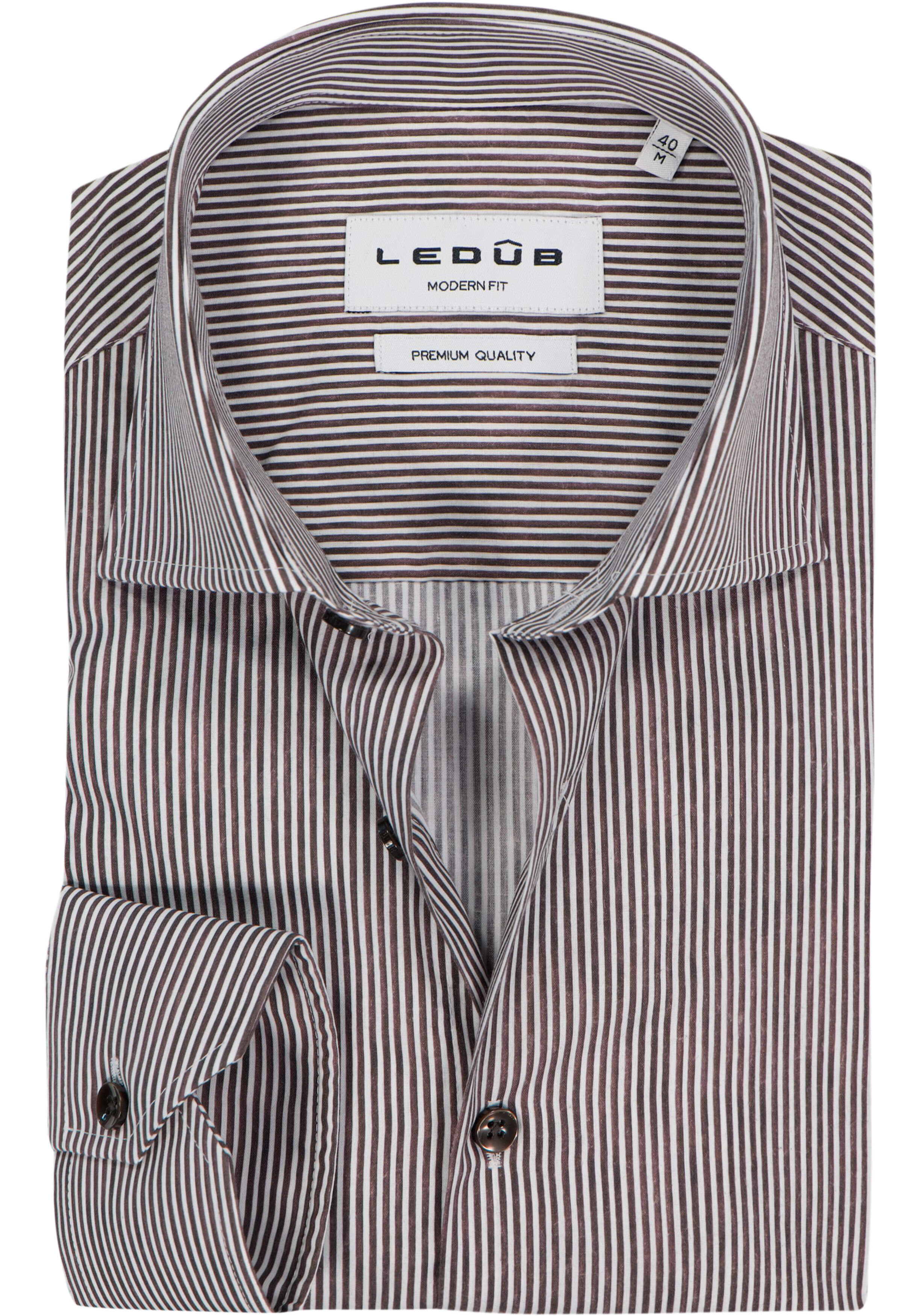 Ledub modern fit overhemd, popeline, donkerbruin gestreept