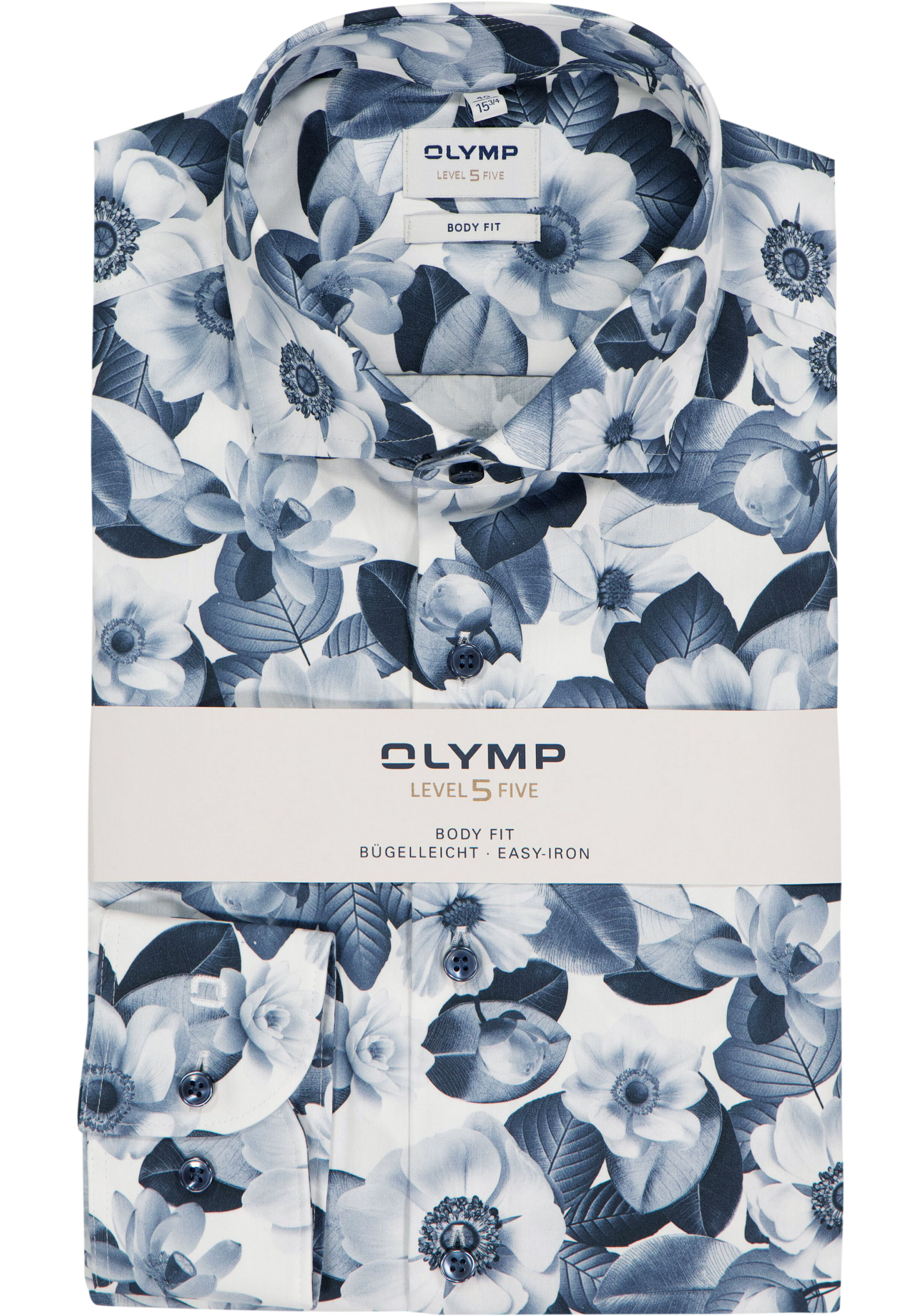 OLYMP Level 5 body fit overhemd, popeline, wit met blauw bloemen dessin