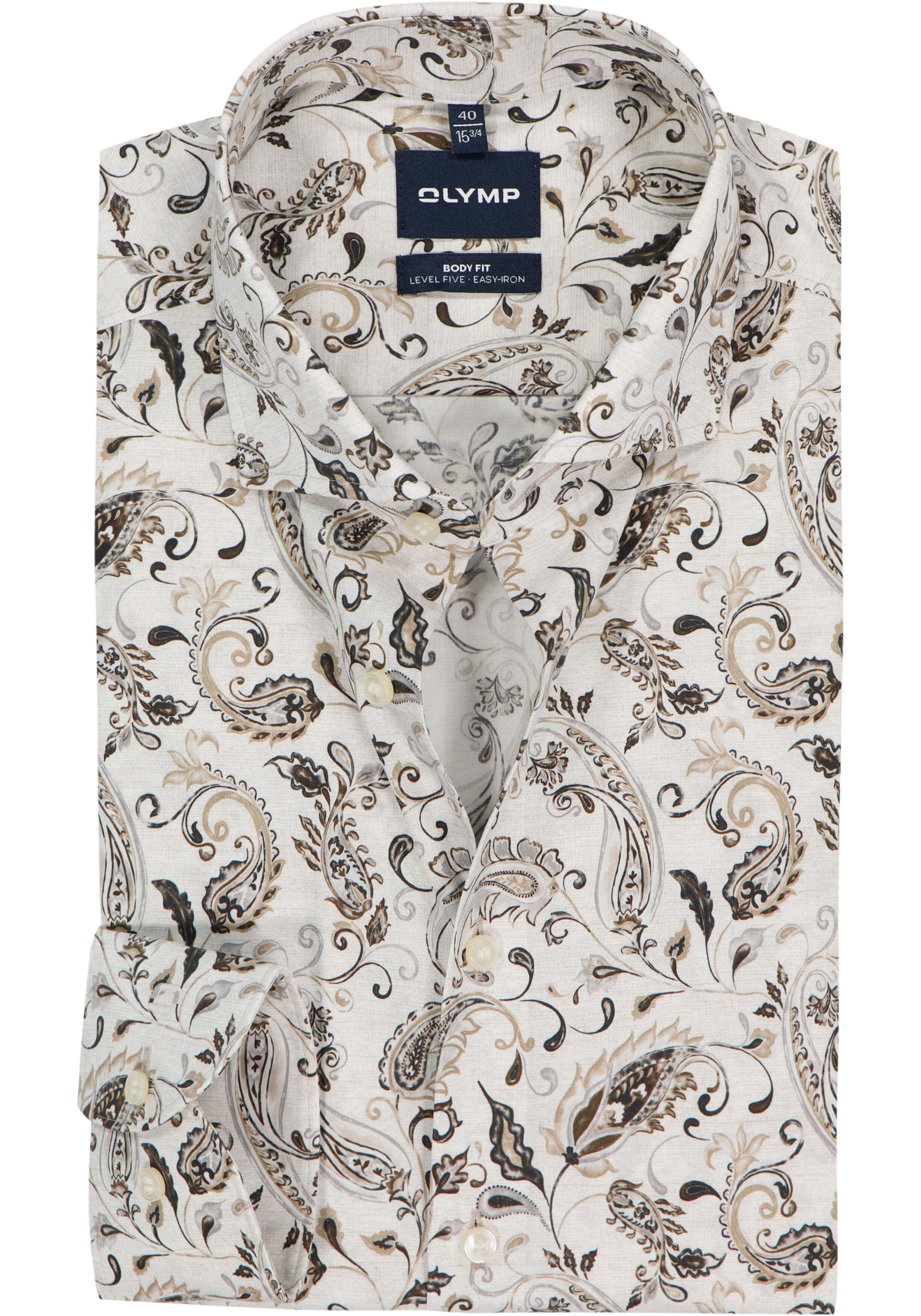 OLYMP Level 5 body fit overhemd, popeline, wit met beige en bruin dessin