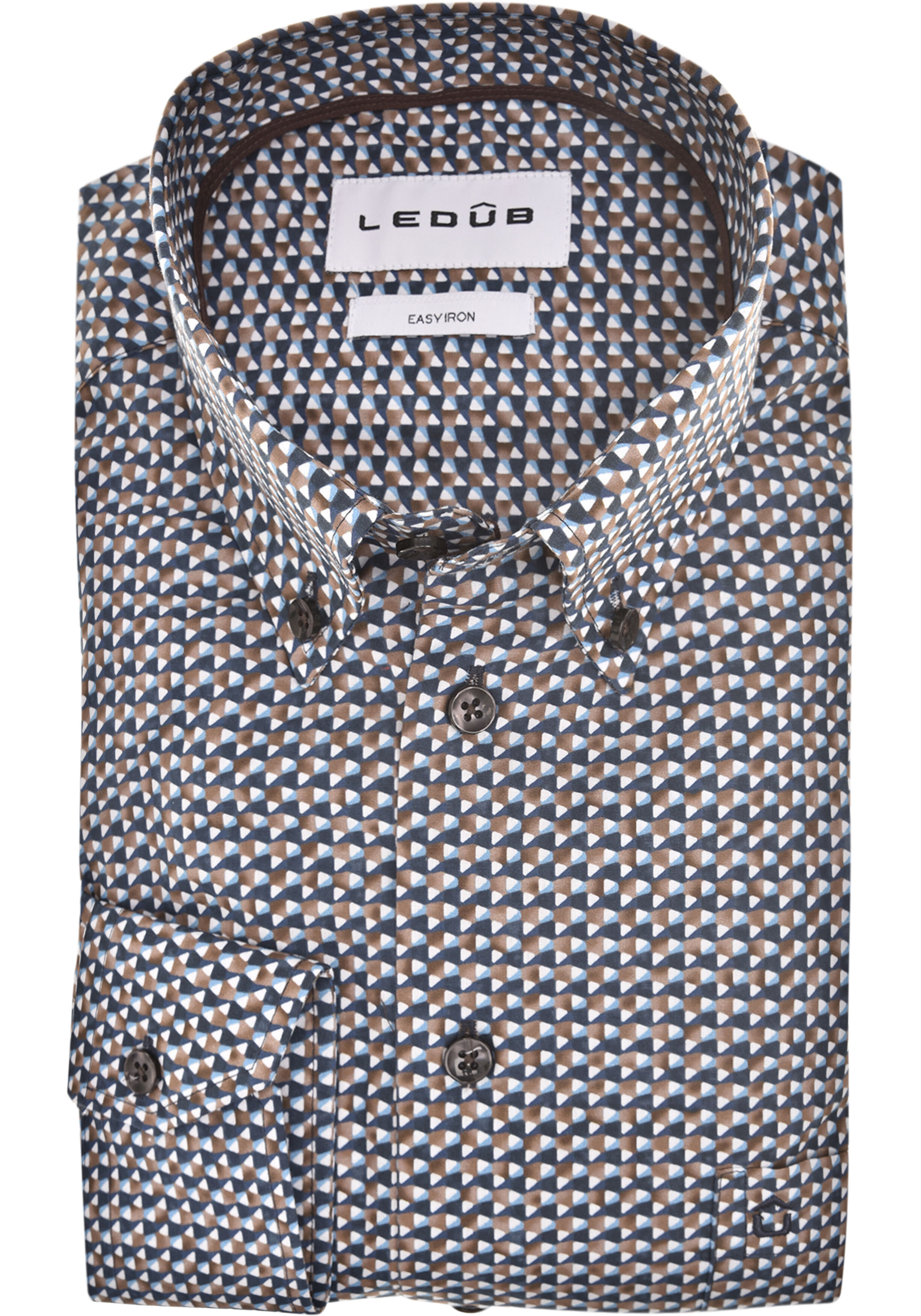 Ledub modern fit overhemd, popeline, blauw met beige en wit dessin