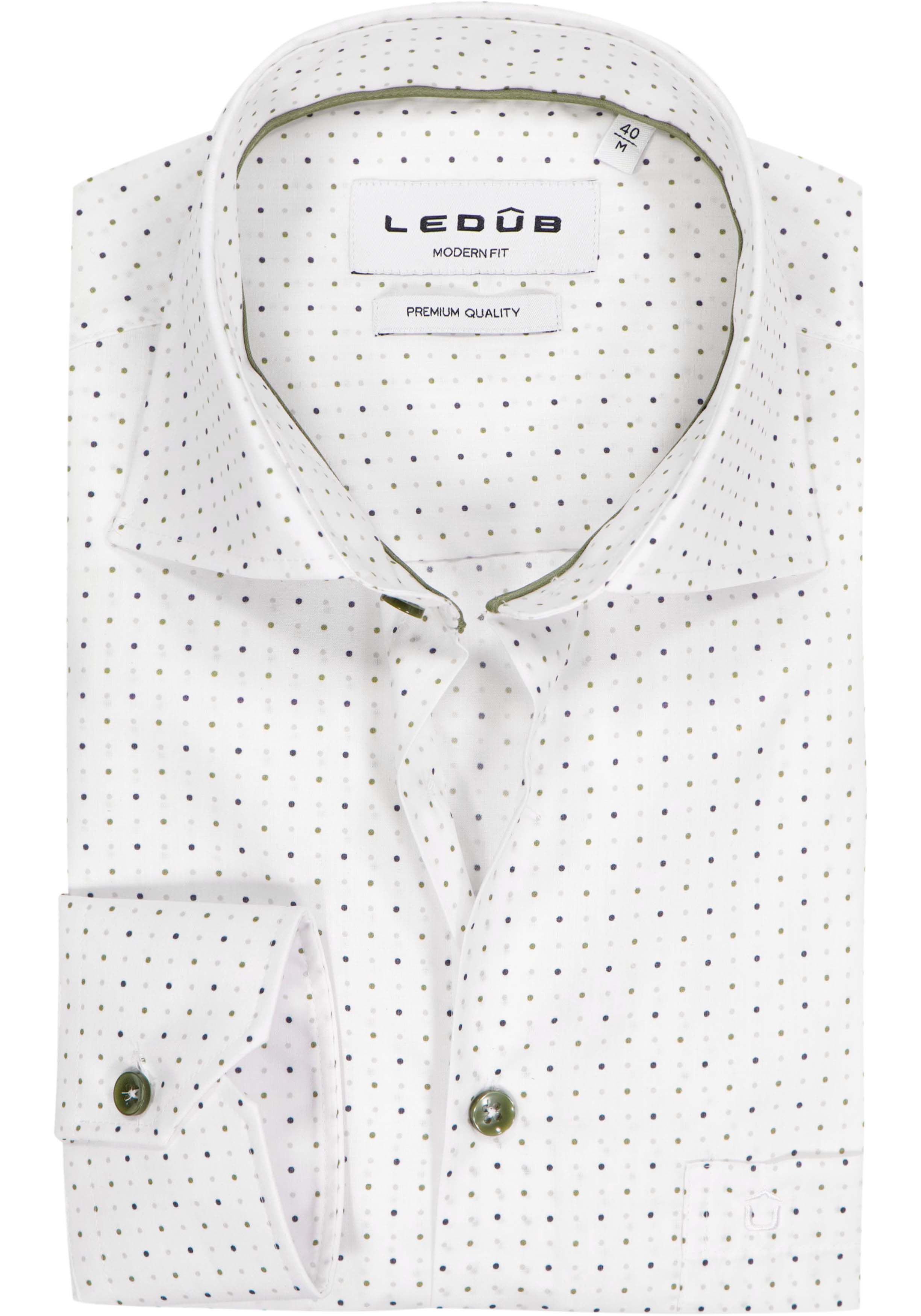 Ledub modern fit overhemd, popeline, wit met groen, grijs en blauw stipjes dessin