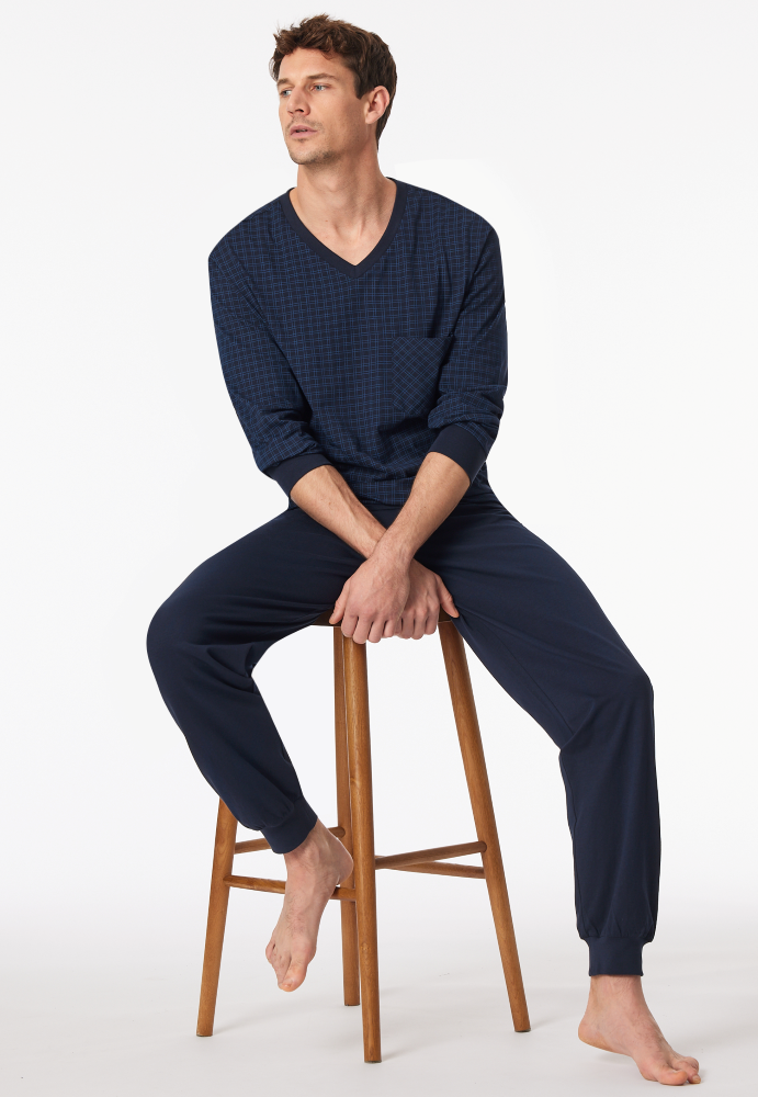 SCHIESSER Cotton Essentials Pyjama lang, heren pyjama set, nachtblauw dessin