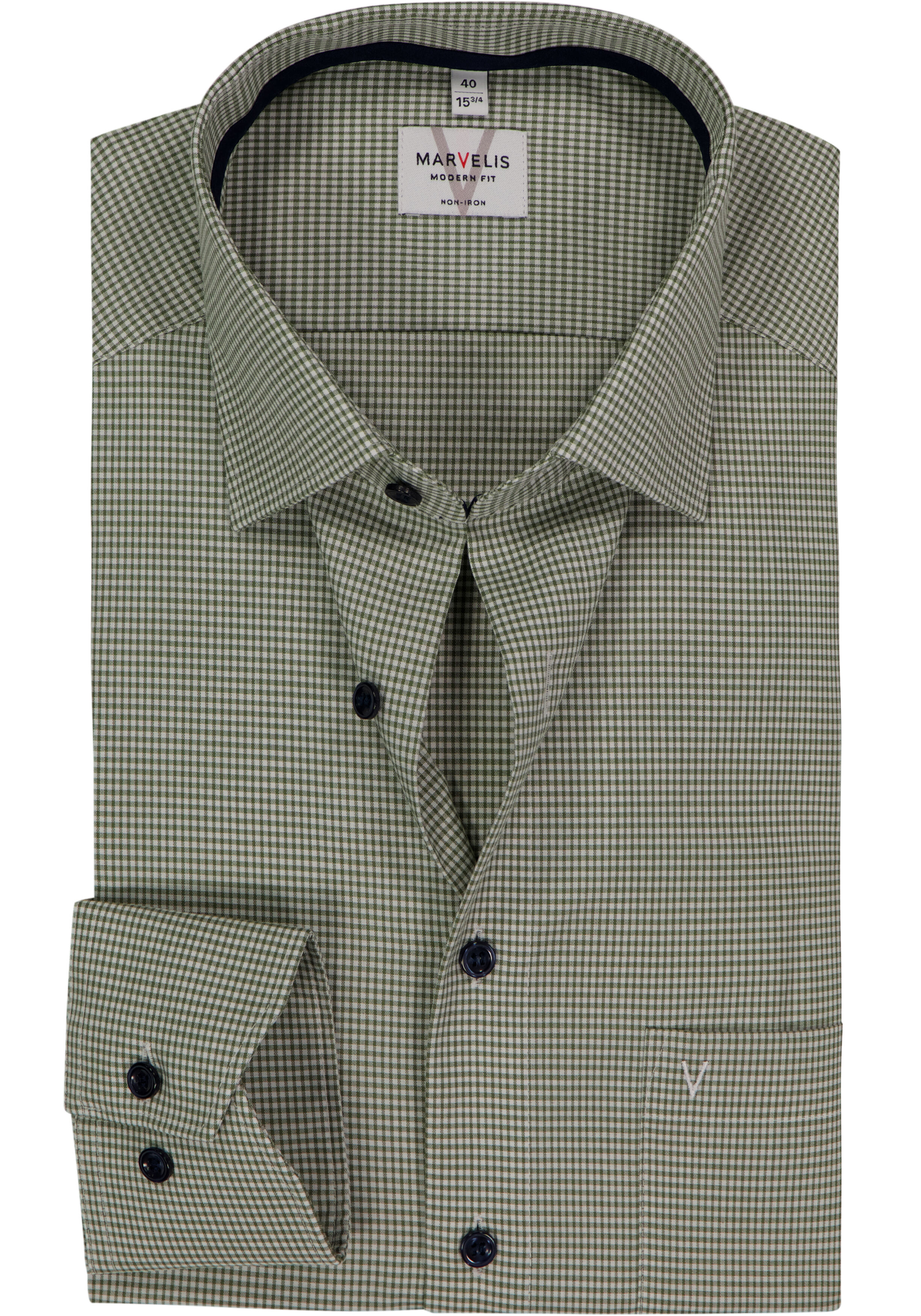 MARVELIS modern fit overhemd, popeline, olijfgroen geruit