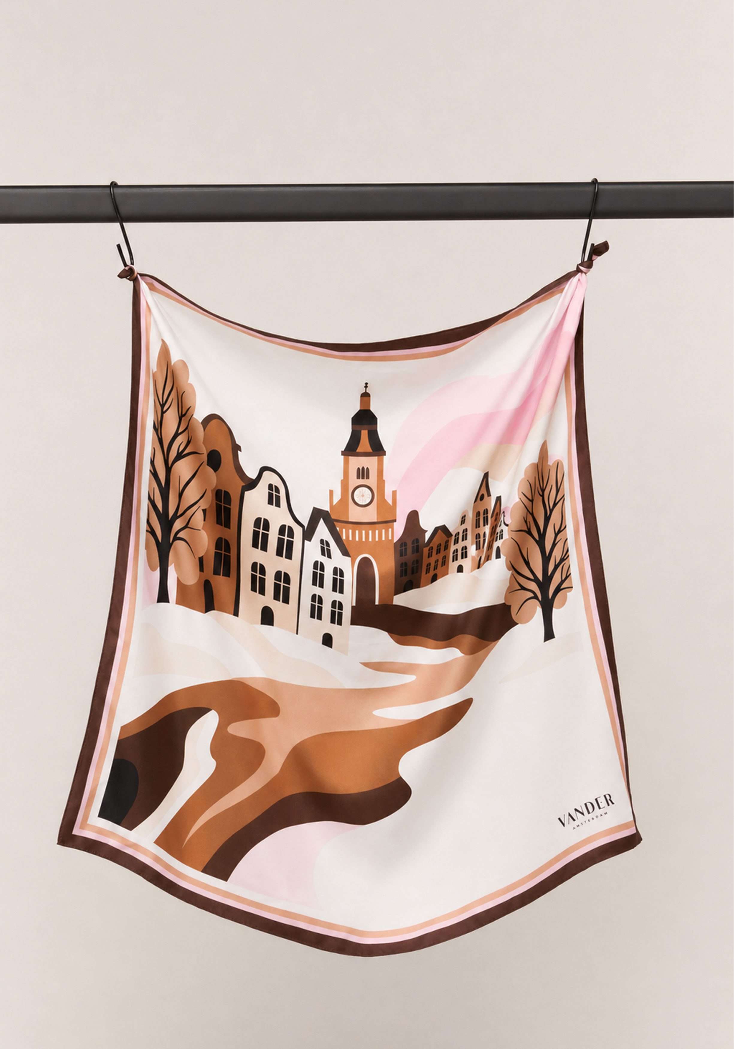 Vander Amsterdam zijden sjaal twill, roze met bruin dessin