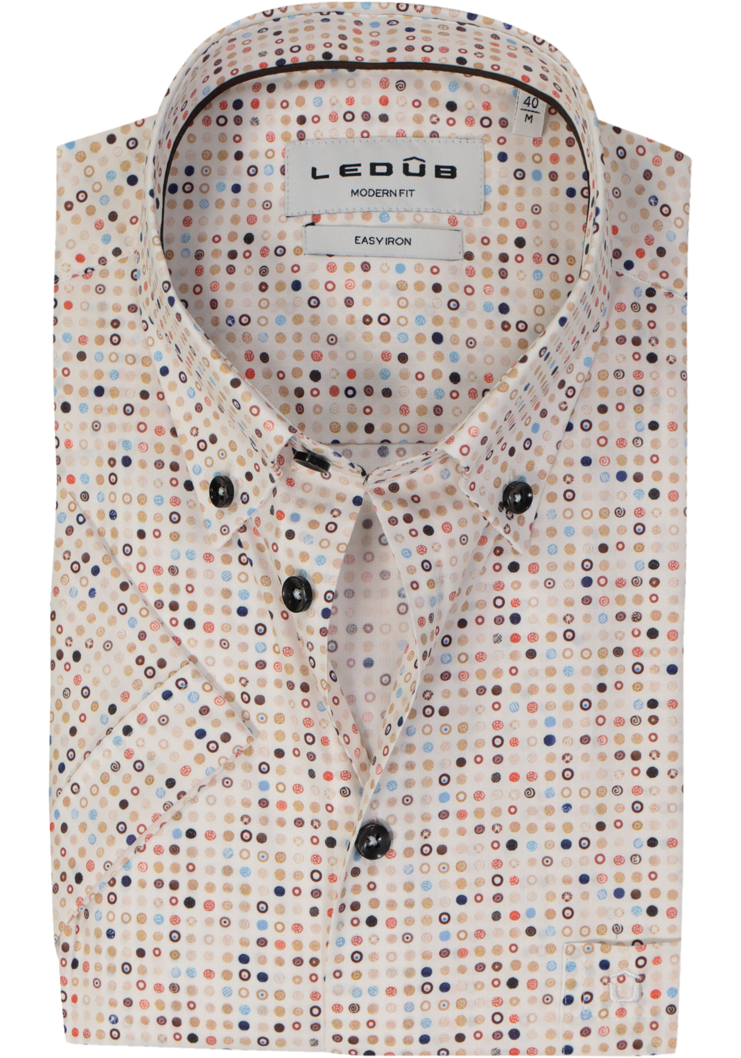 Ledub modern fit overhemd, korte mouw, popeline, wit met bruin en blauw dessin