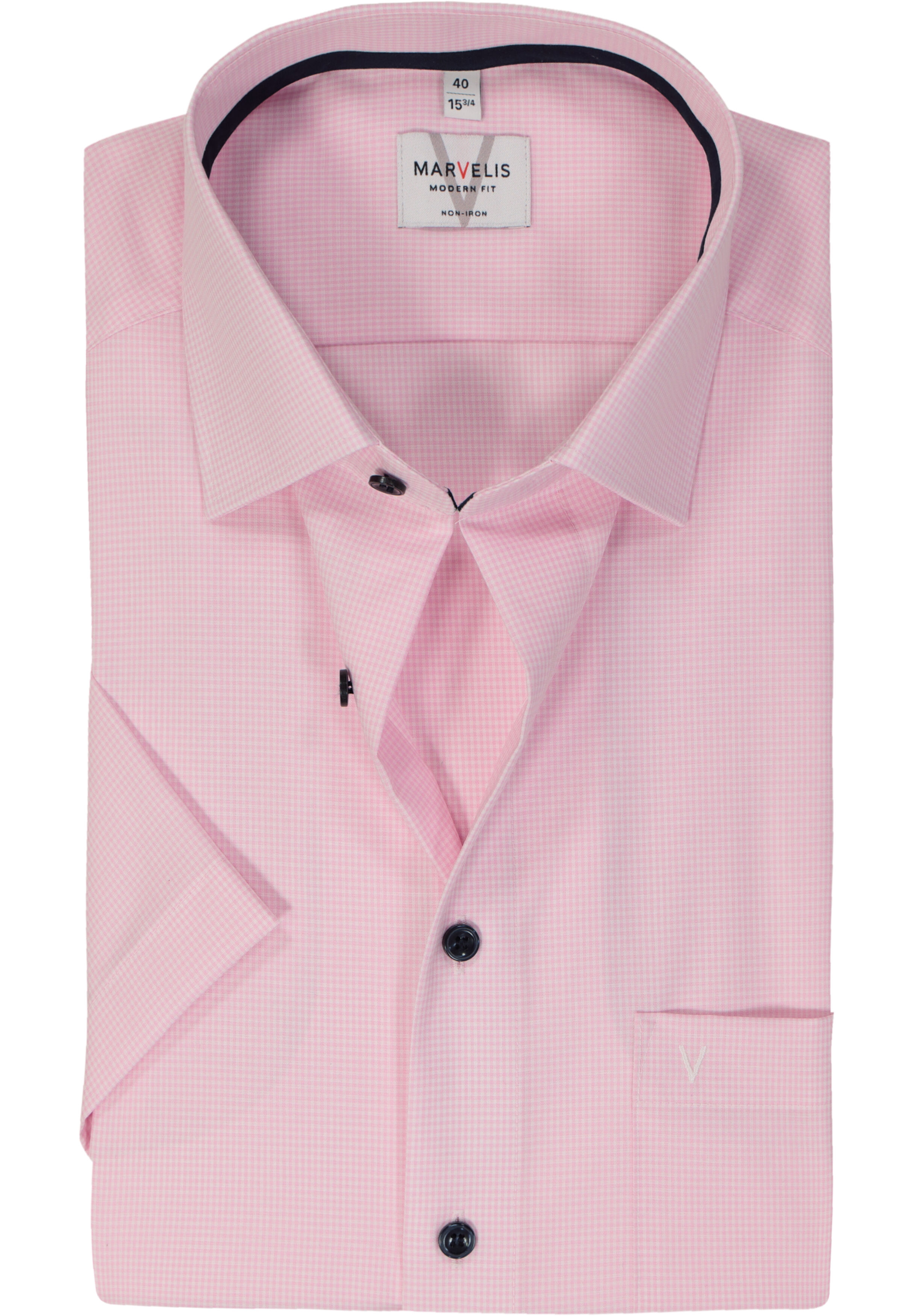 MARVELIS modern fit overhemd, korte mouw, popeline, roze met wit mini ruitje