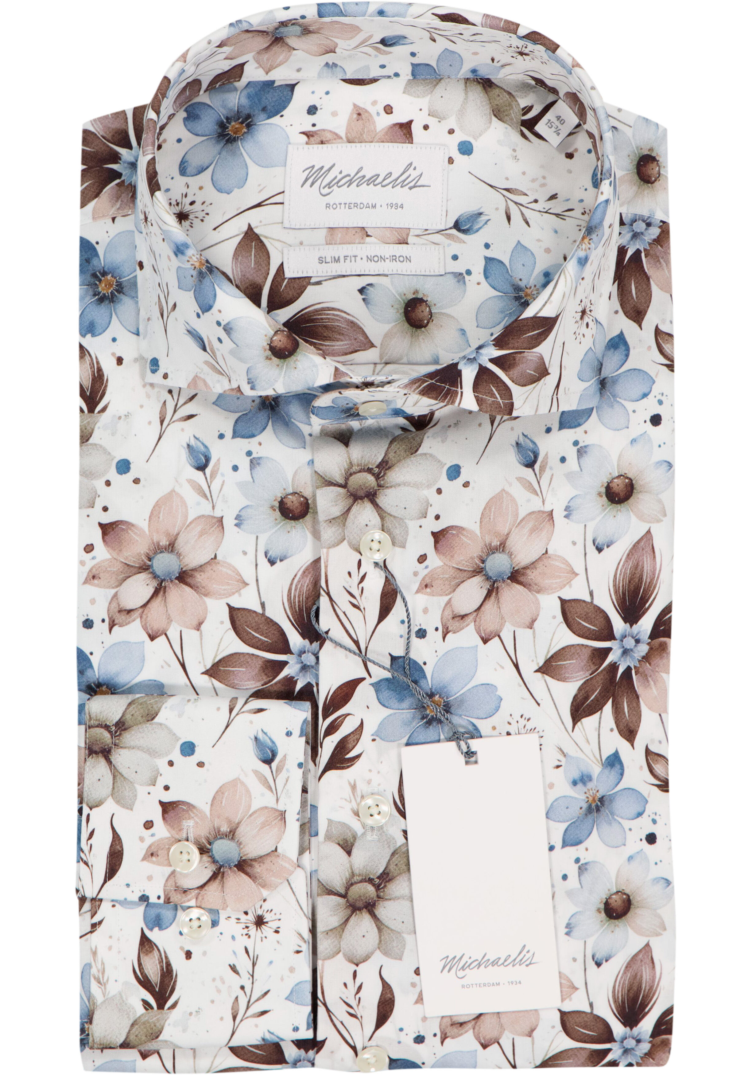Michaelis slim fit heren overhemd, twill, wit met beige en bruin bloemen dessin