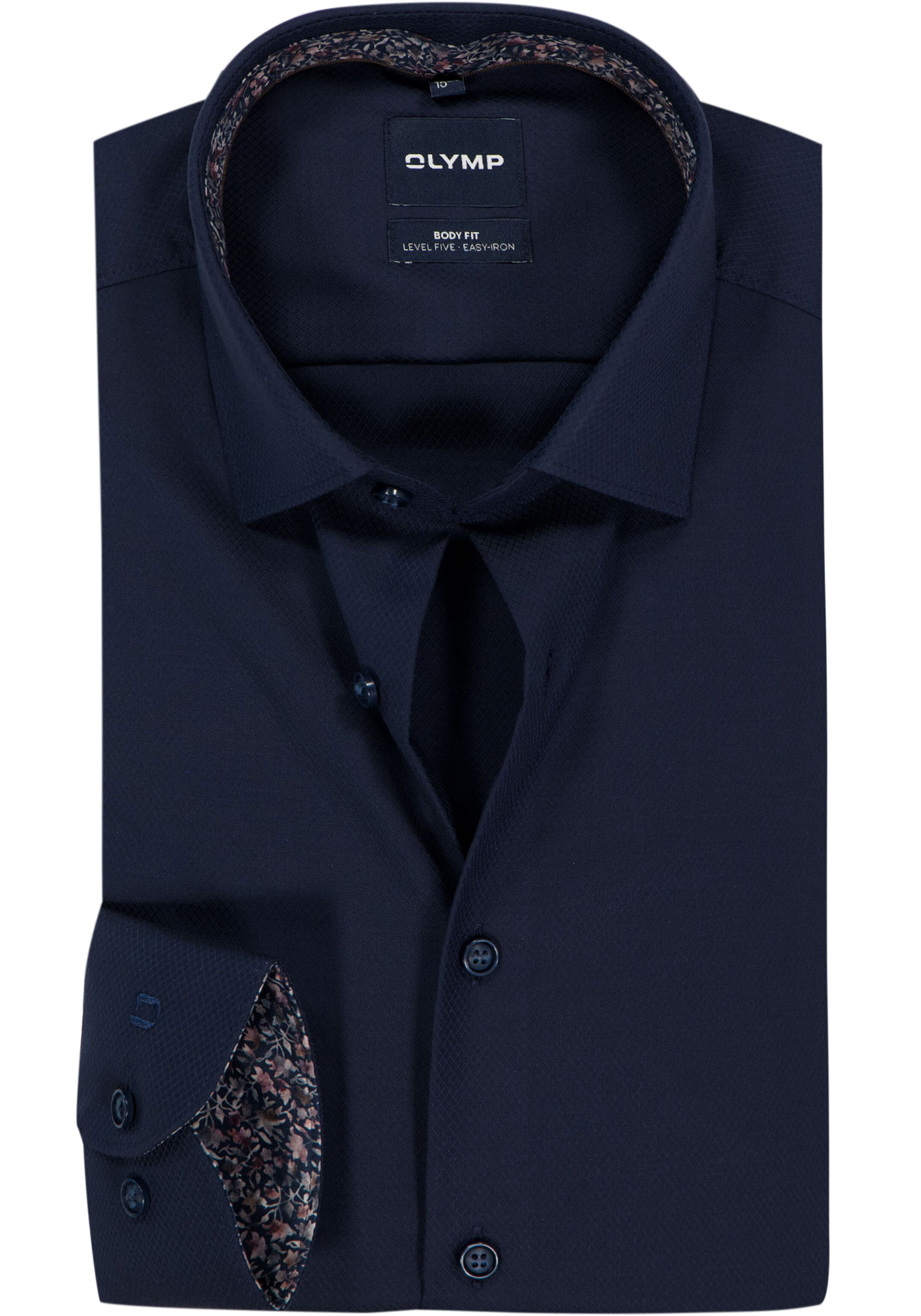 OLYMP Level 5 body fit overhemd, mouwlengte 7, structuur, marine blauw