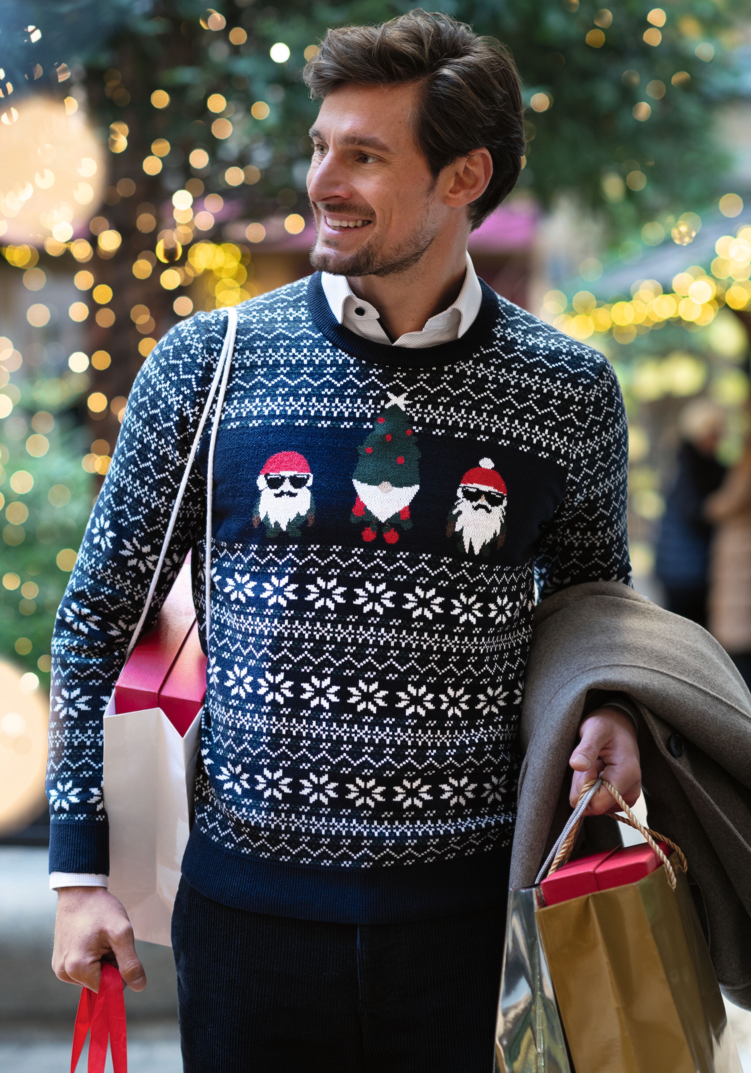 MARVELIS modern fit Kersttrui katoen, O-hals, donkerblauw met Kerst print