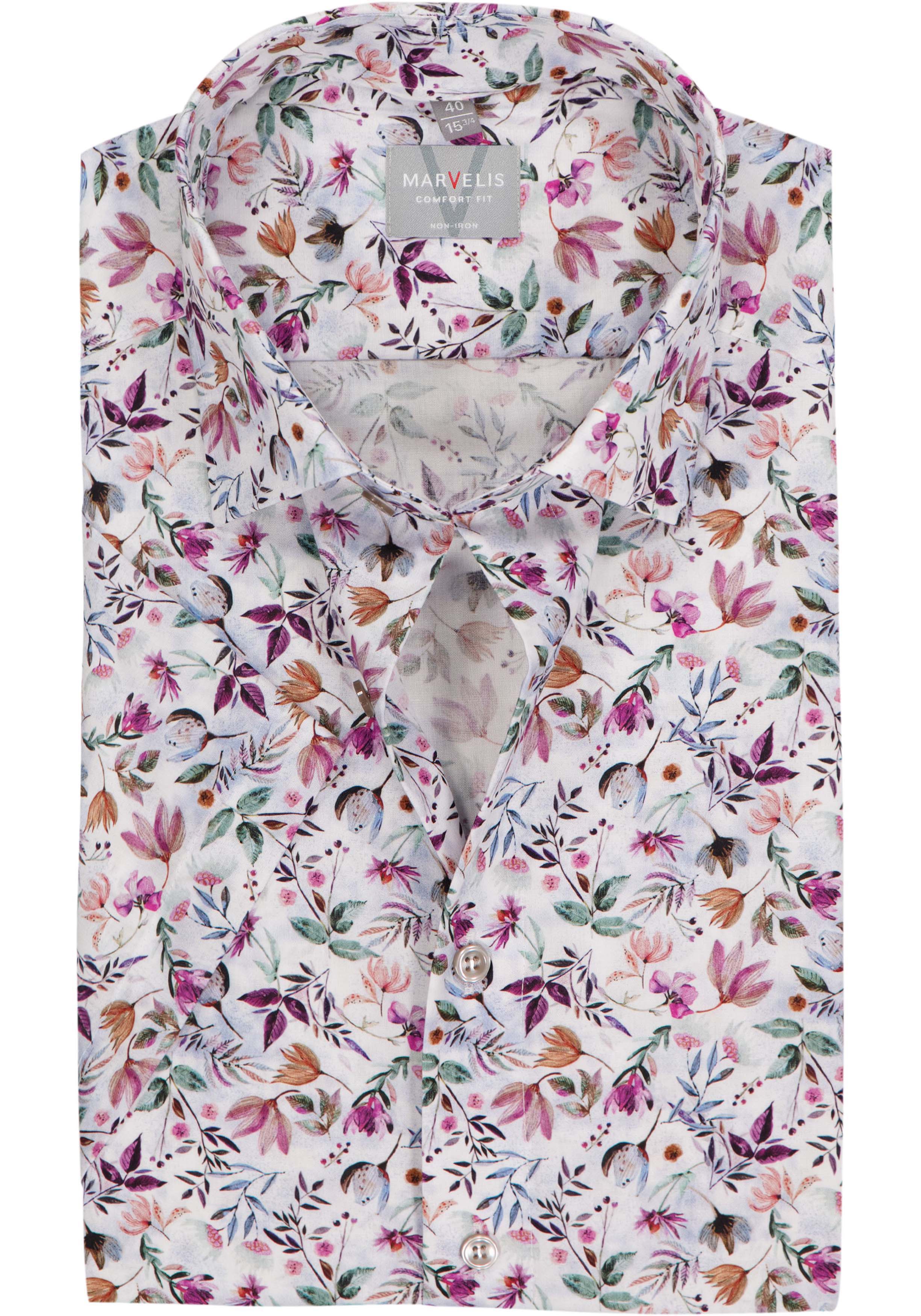 MARVELIS comfort fit overhemd, korte mouw, popeline, wit met roze, groen en blauw bloemen dessin