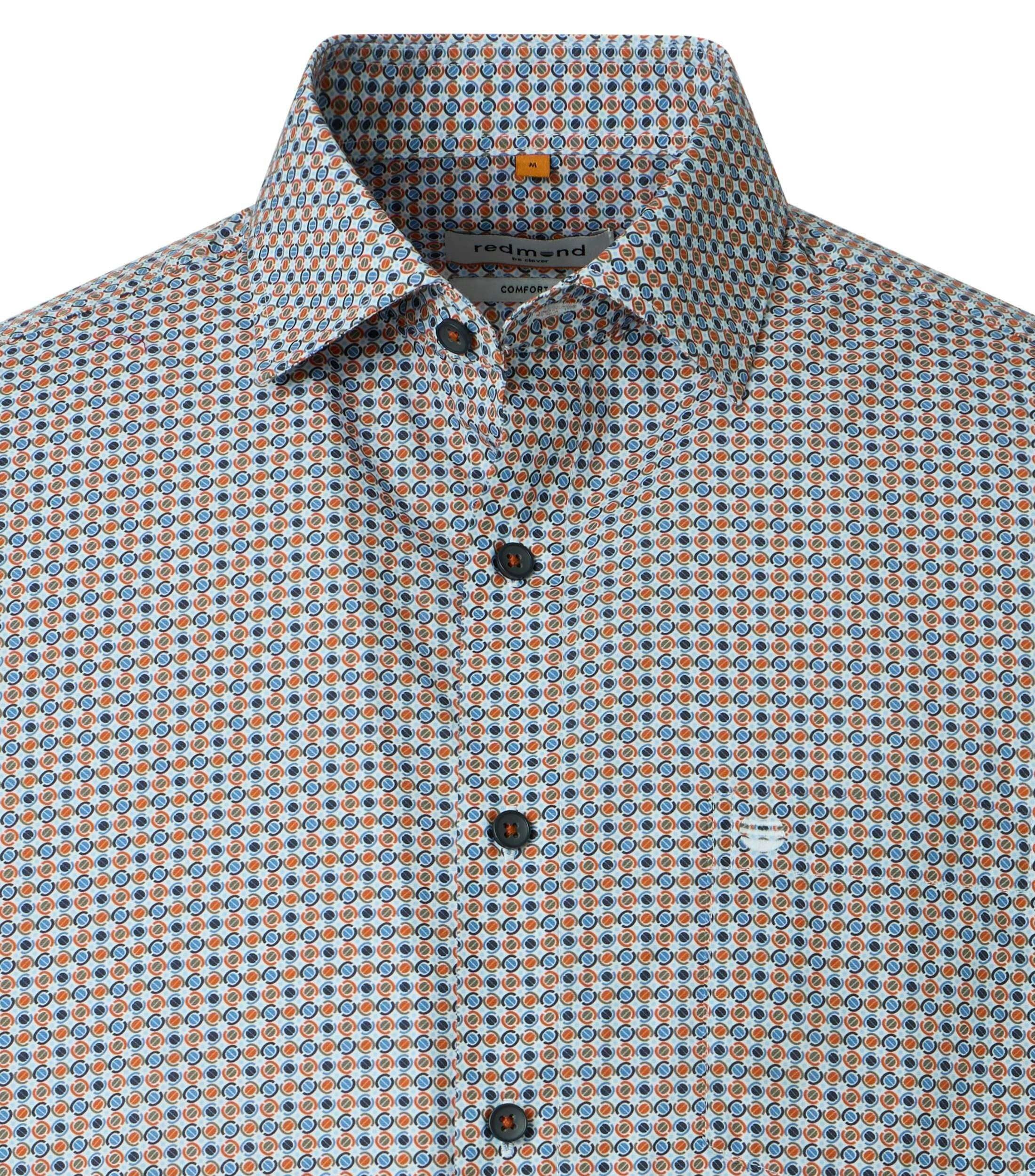 Redmond comfort fit overhemd, korte mouw, popeline, wit met licht- en donkerblauw met oranje dessin