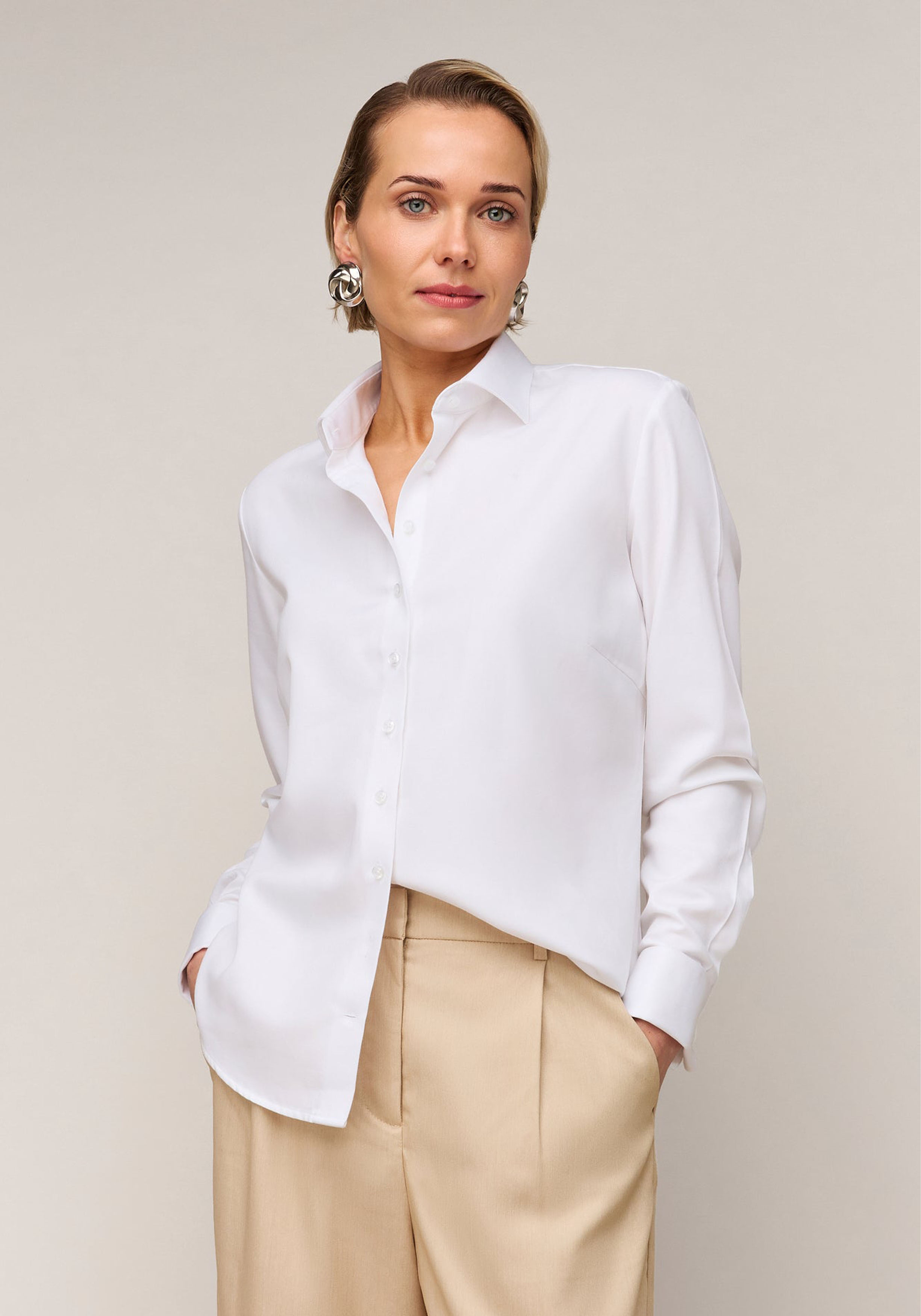 Vander Amsterdam damesblouse regular fit dubbele manchet, twill, wit