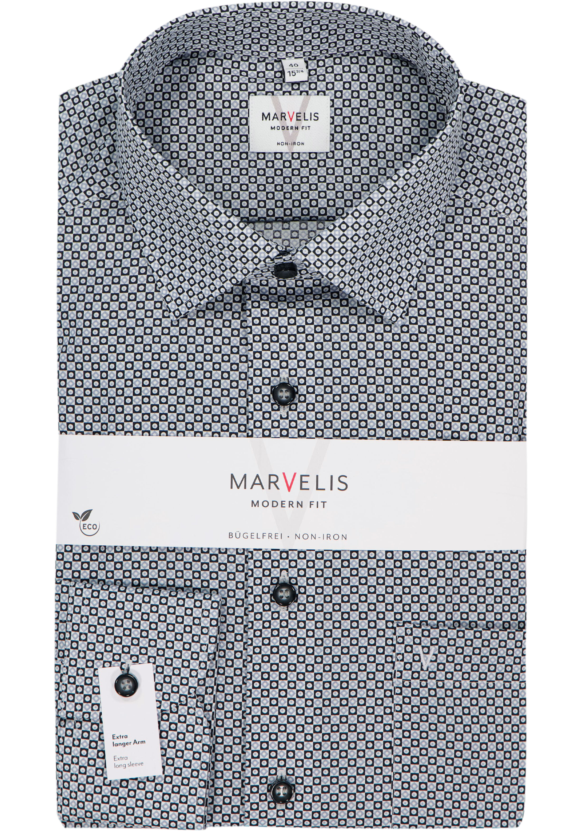 MARVELIS modern fit overhemd, mouwlengte 7, popeline, wit met zwart en grijs dessin
