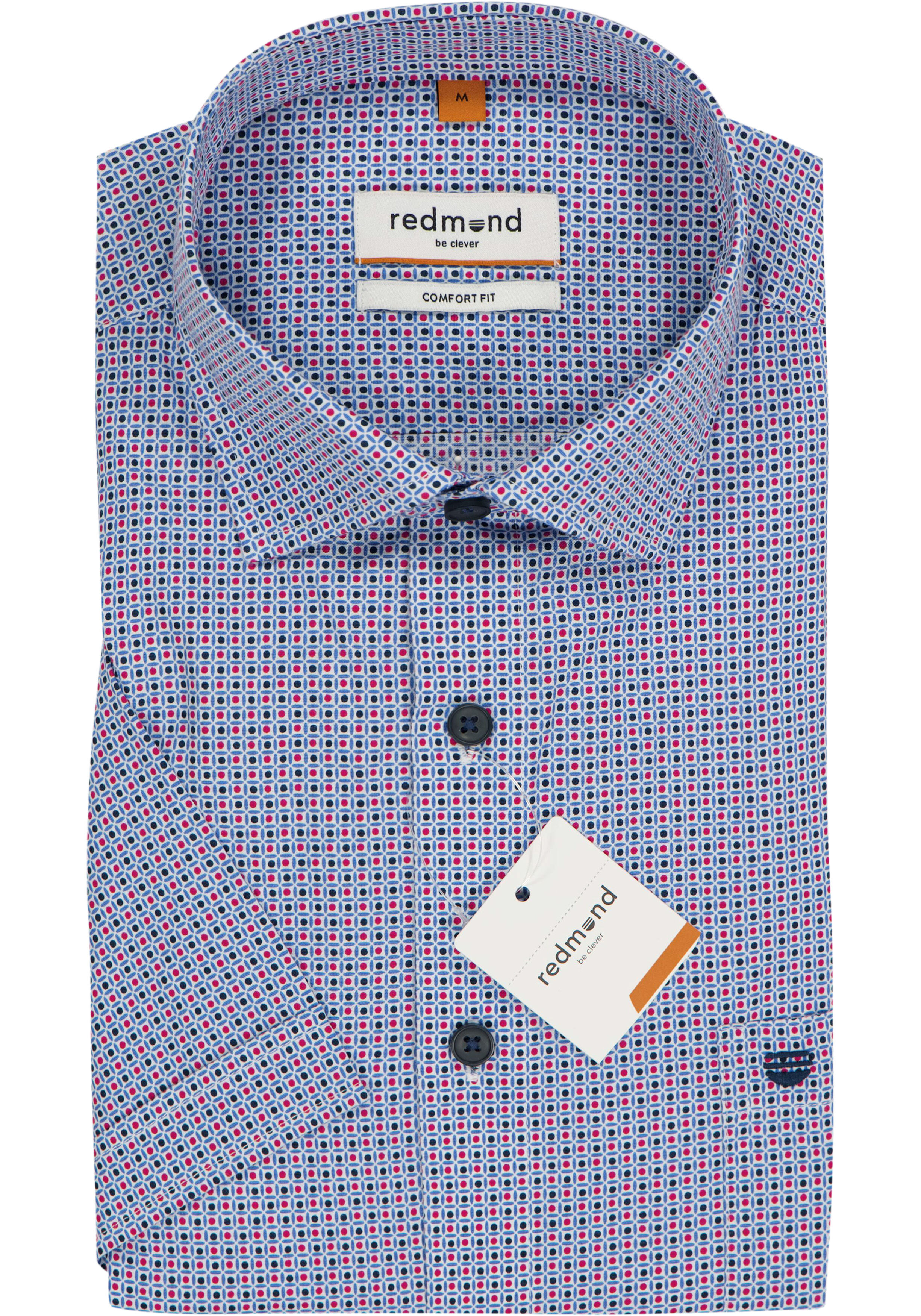 Redmond comfort fit overhemd, korte mouw, popeline, blauw met rood en wit dessin