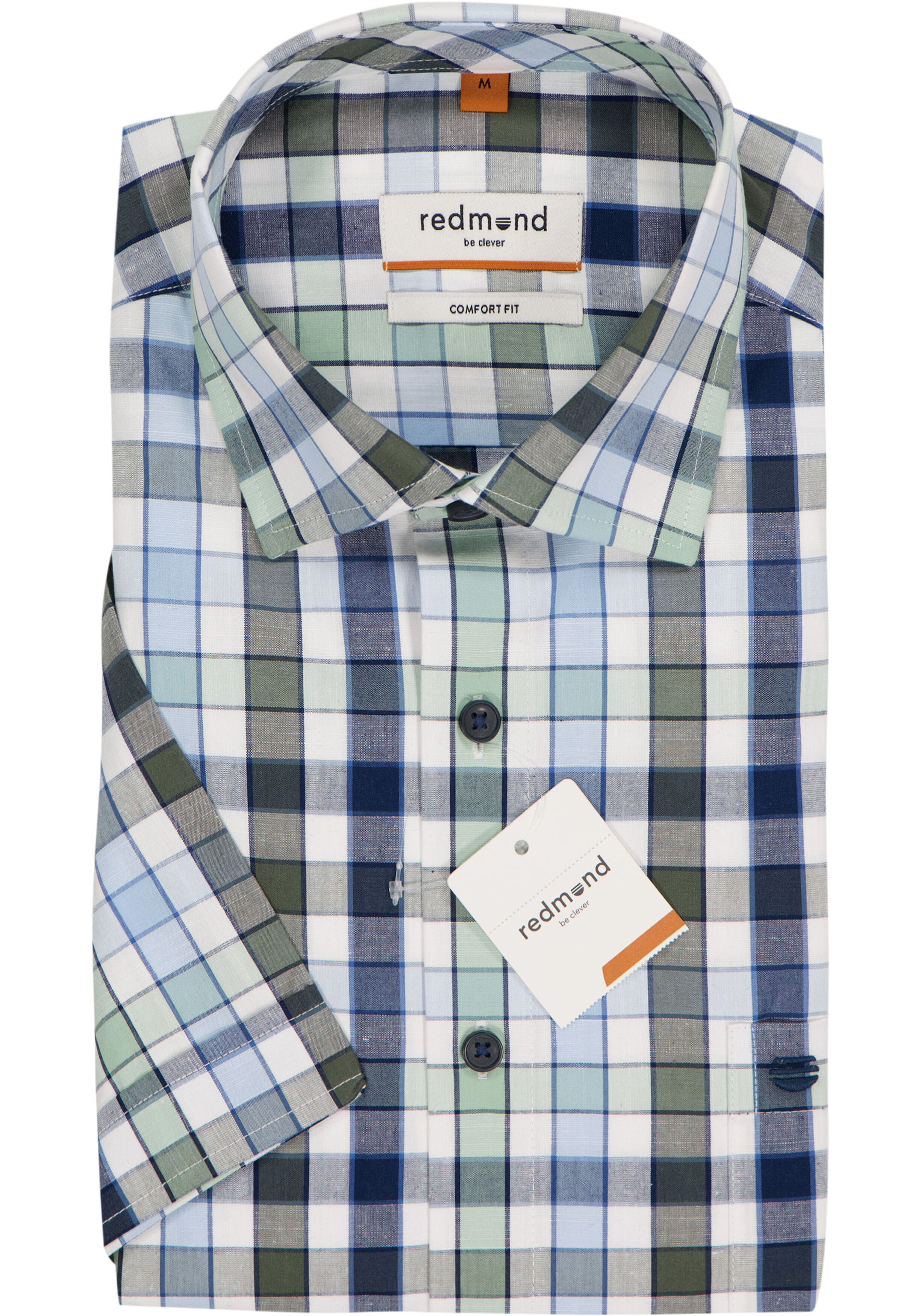 Redmond comfort fit overhemd, korte mouw, chambray, blauw met wit en groen geruit