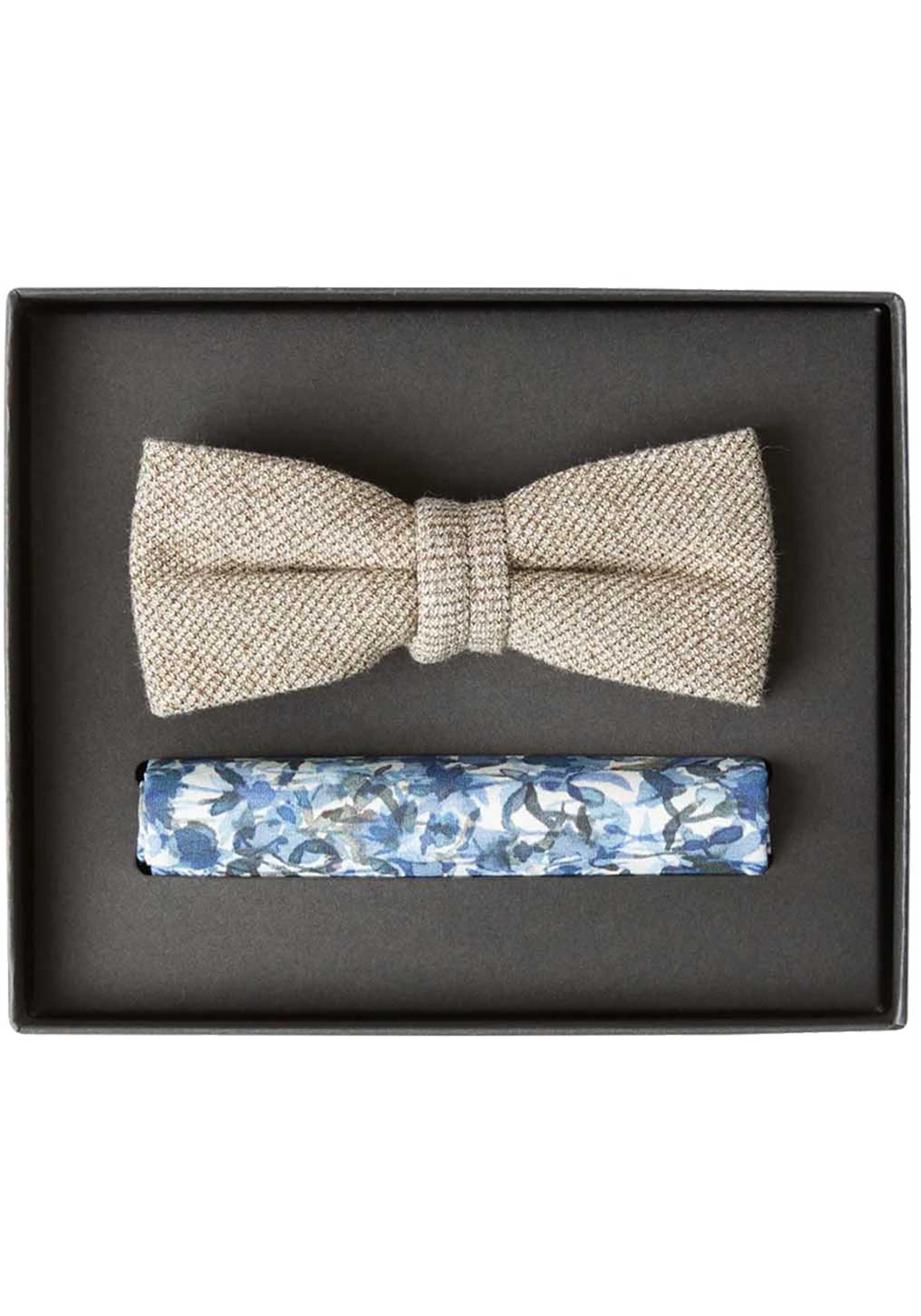 VENTI set met vlinderdas en pochet, beige, blauw, wit dessin