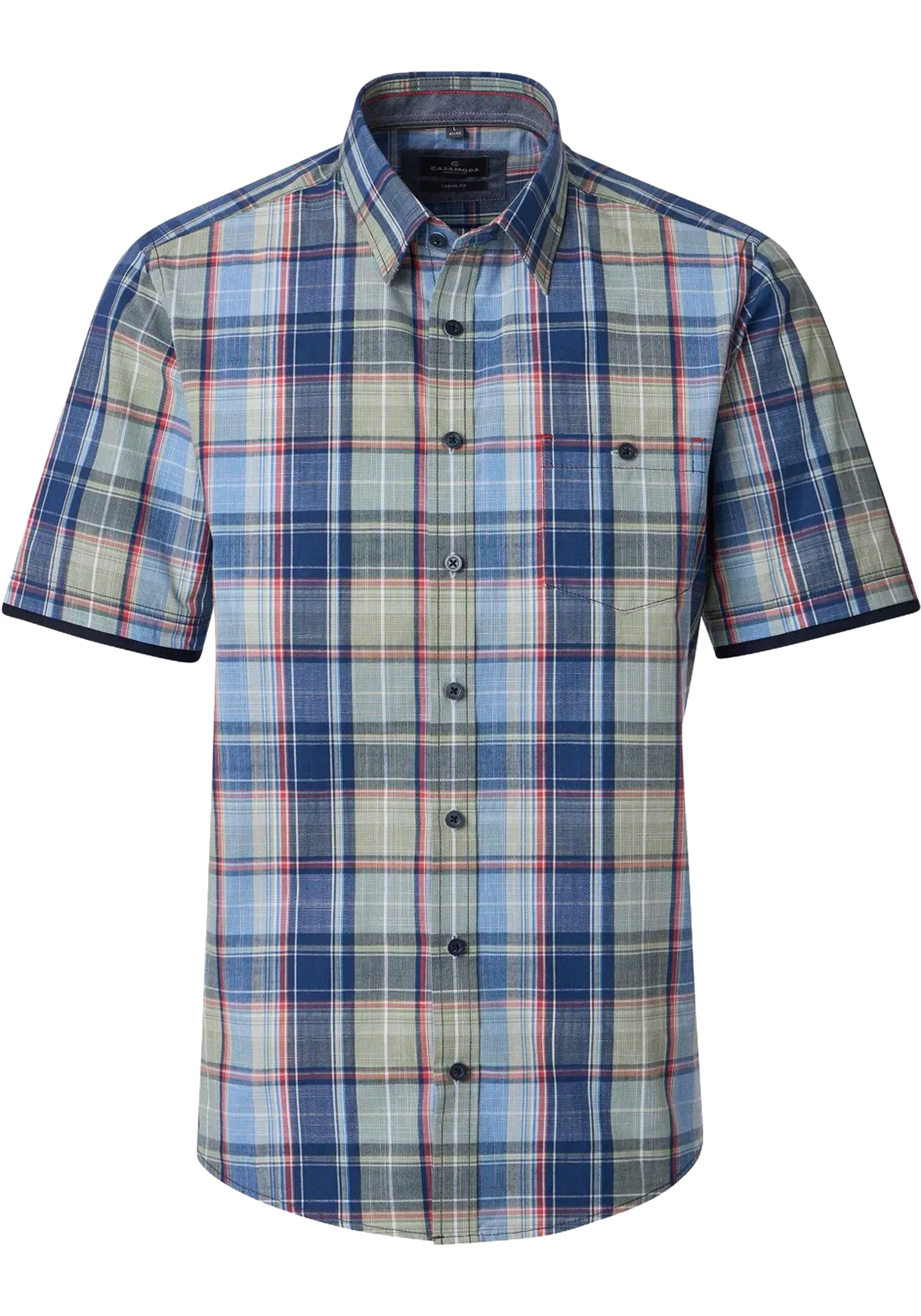 CASA MODA Sport casual fit overhemd, korte mouw, chambray, blauw, groen, wit, rood geruit