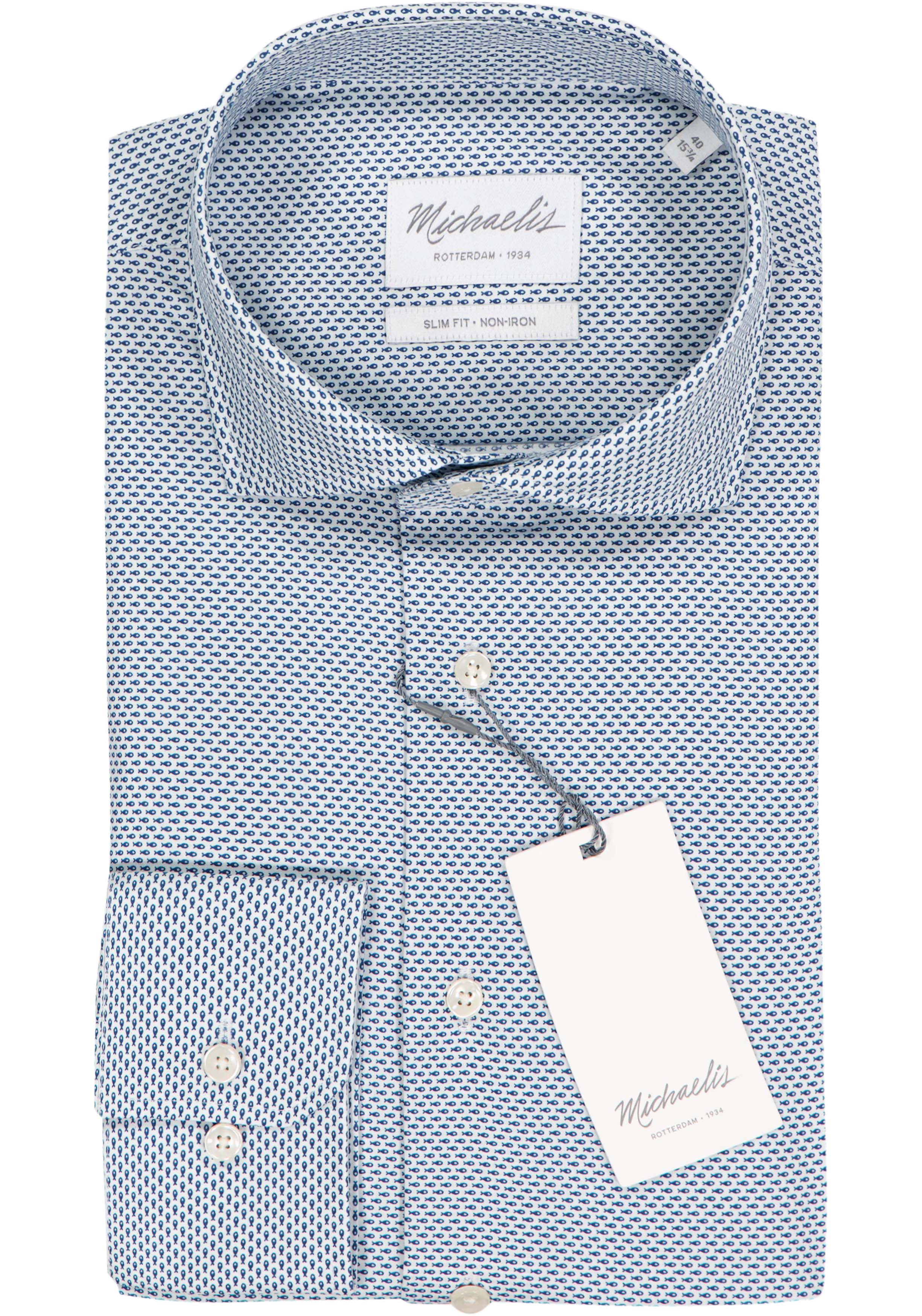 Michaelis slim fit heren overhemd, popeline, donkerblauw met wit visjes dessin