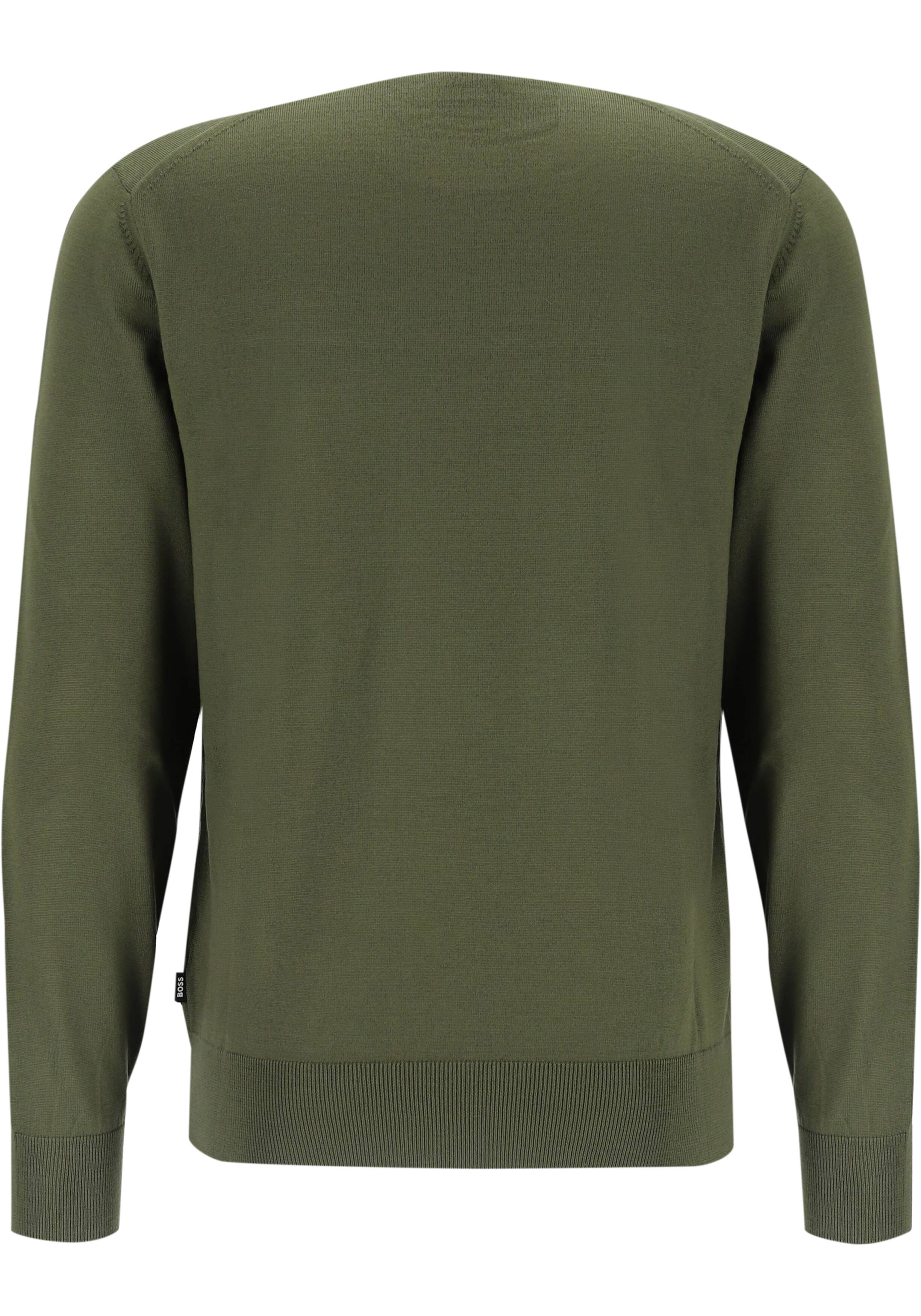 BOSS Leno slim fit trui wol, heren pullover middeldik O-hals, groen