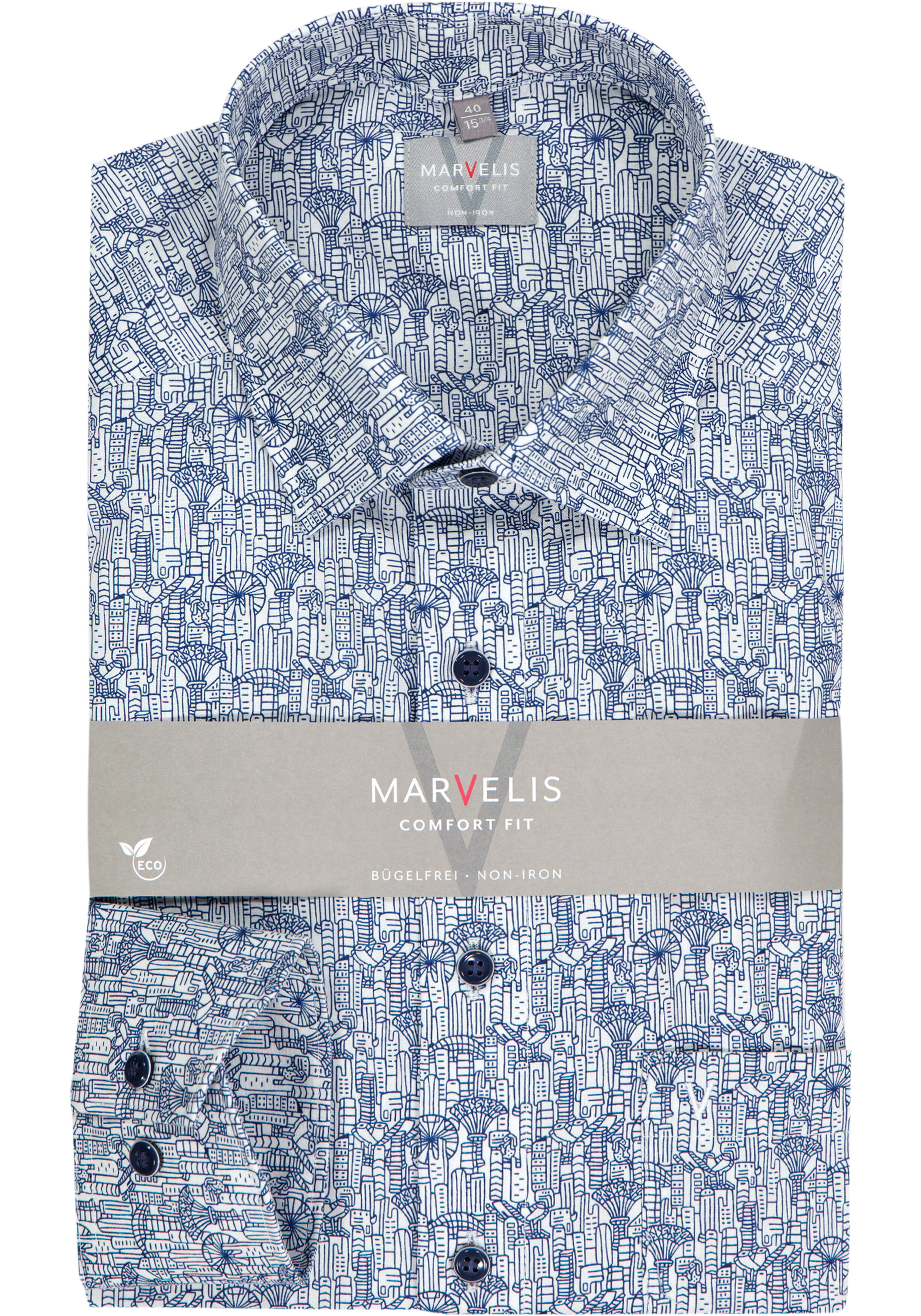 MARVELIS comfort fit overhemd, popeline, donkerblauw met wit dessin