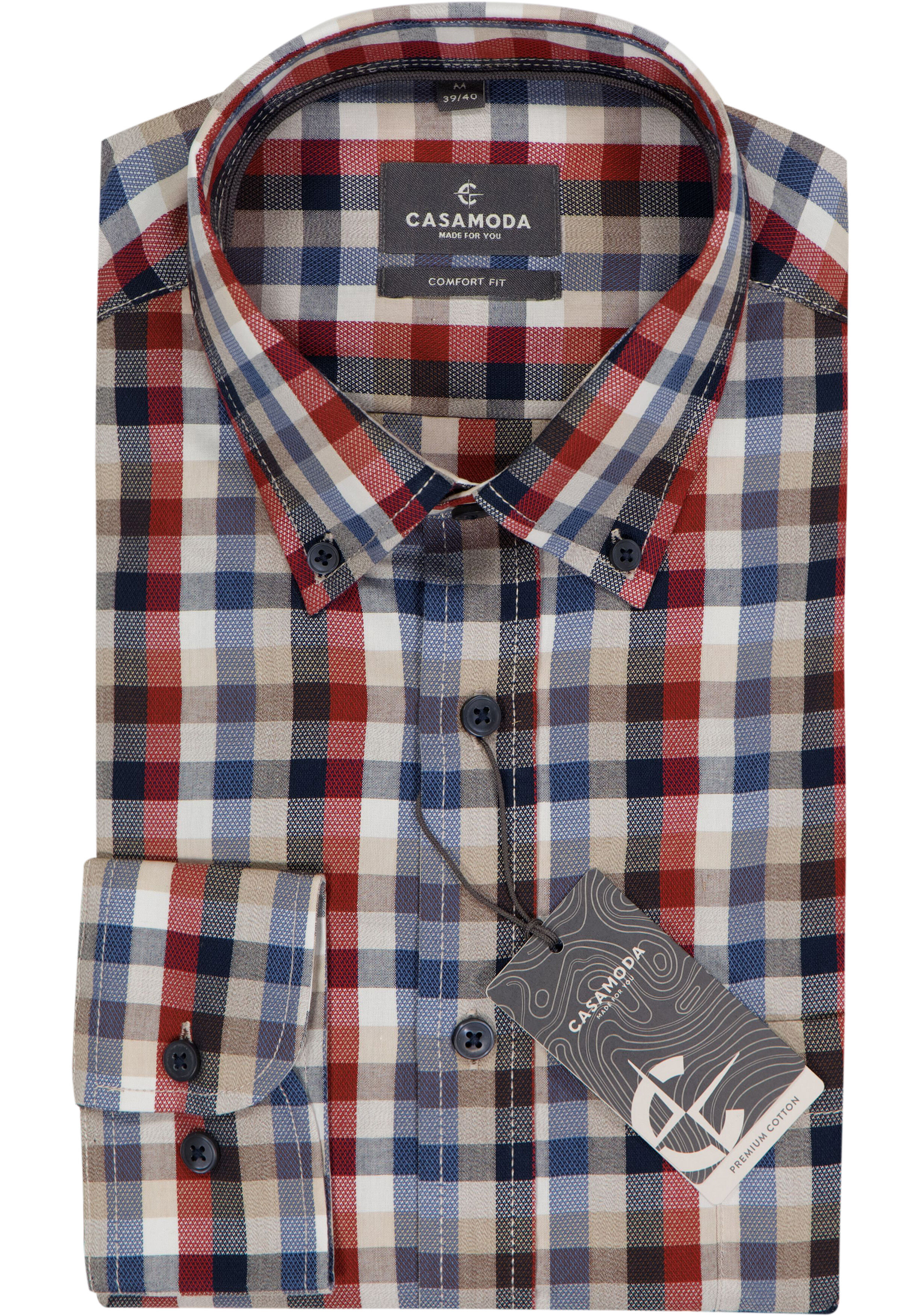 CASA MODA Sport comfort fit overhemd, popeline, donkerrood, met wit, blauw en beige geruit