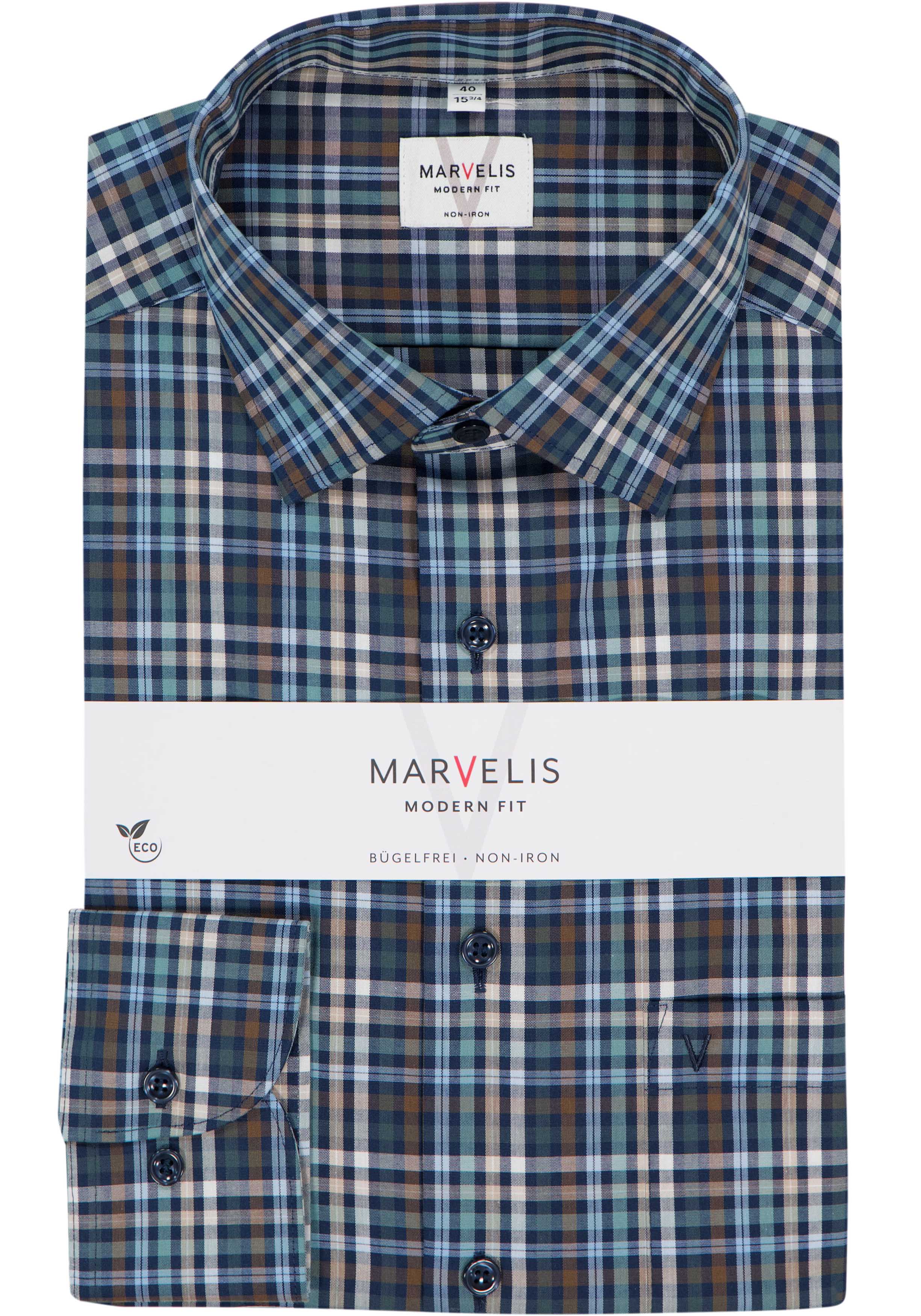 MARVELIS modern fit overhemd, popeline, blauw met groen, wit, beige en bruin geruit