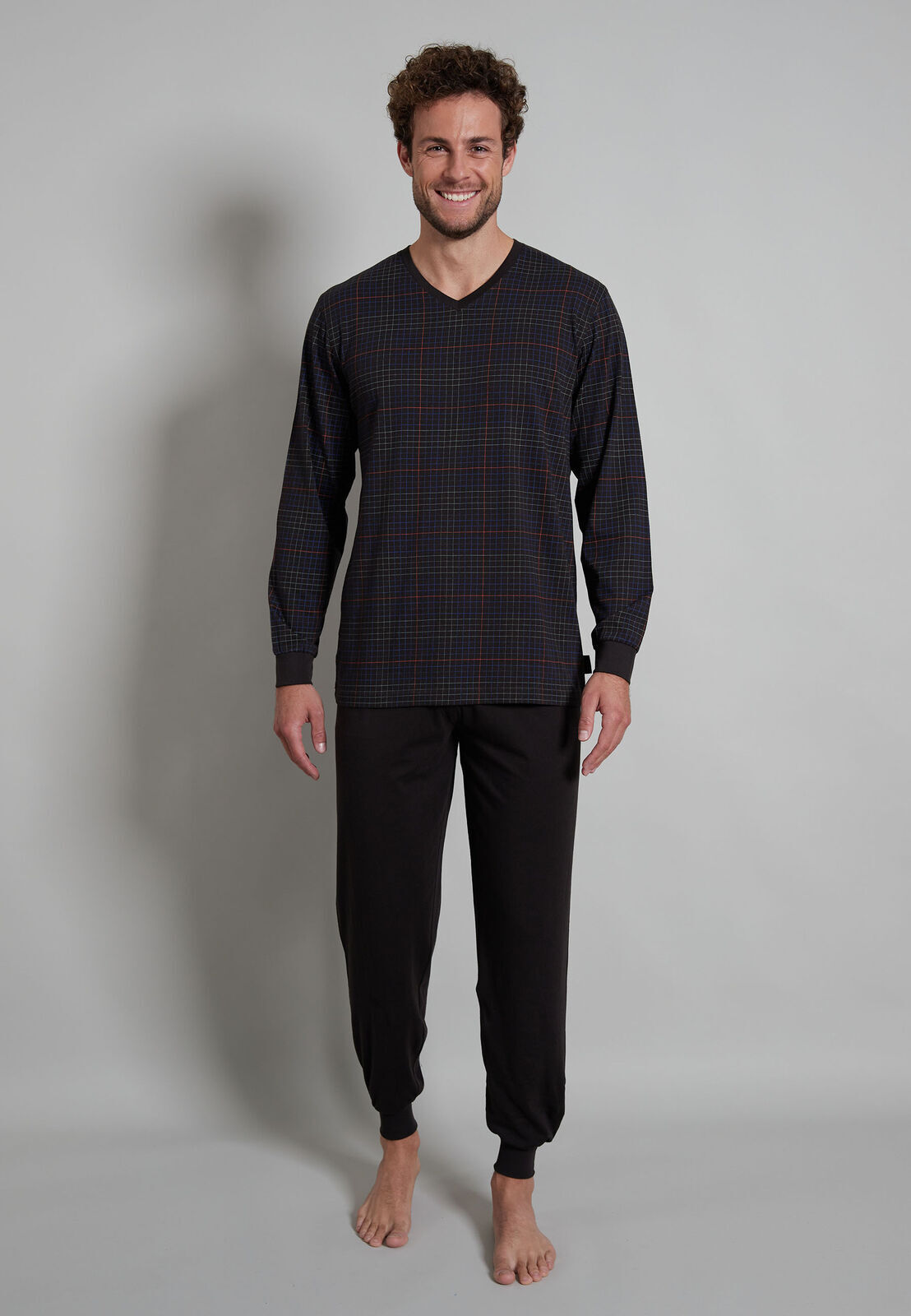 Ceceba heren pyjama V-hals, zwart geruit