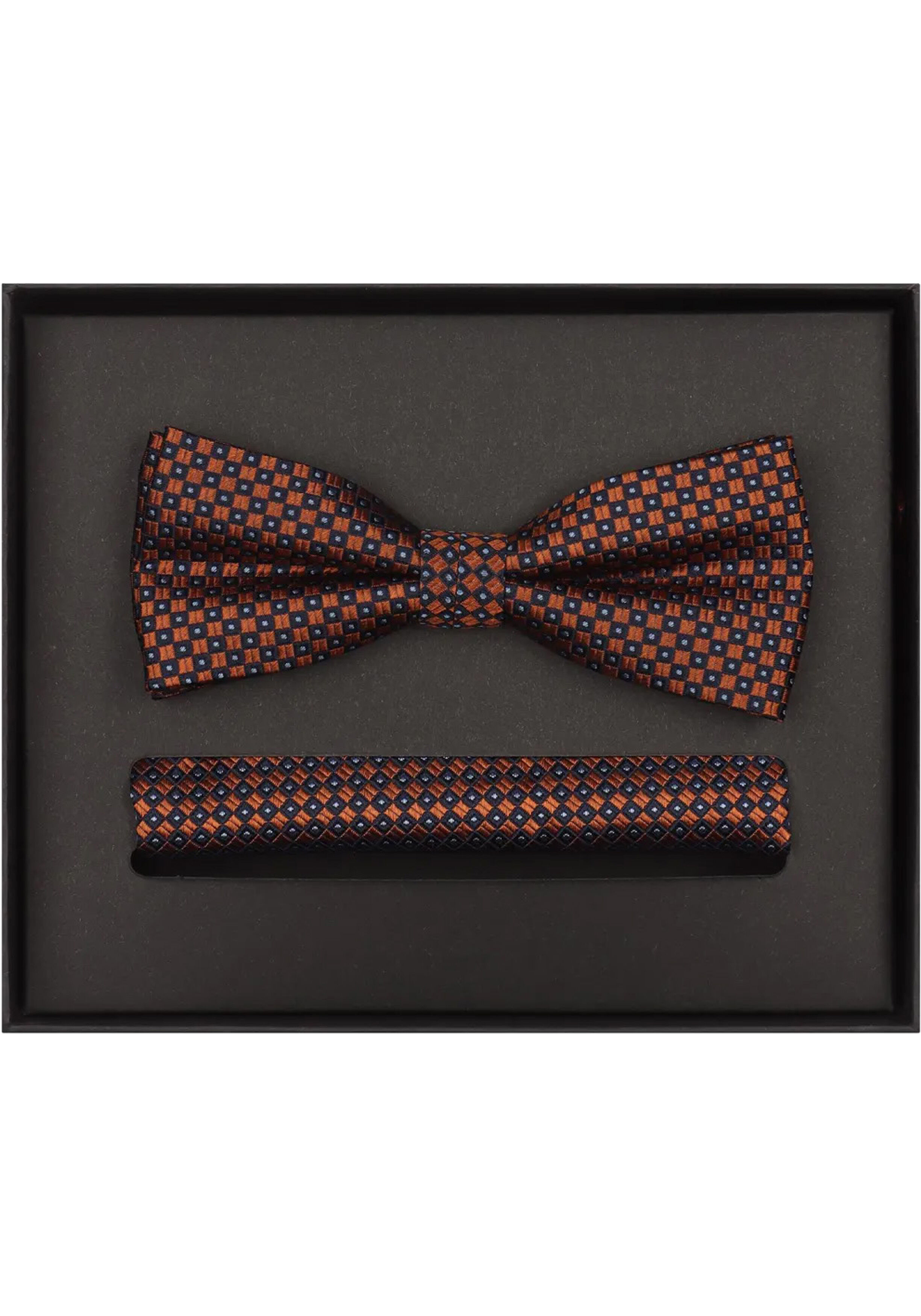 VENTI set met vlinderdas en pochet, oranje met blauw en wit dessin