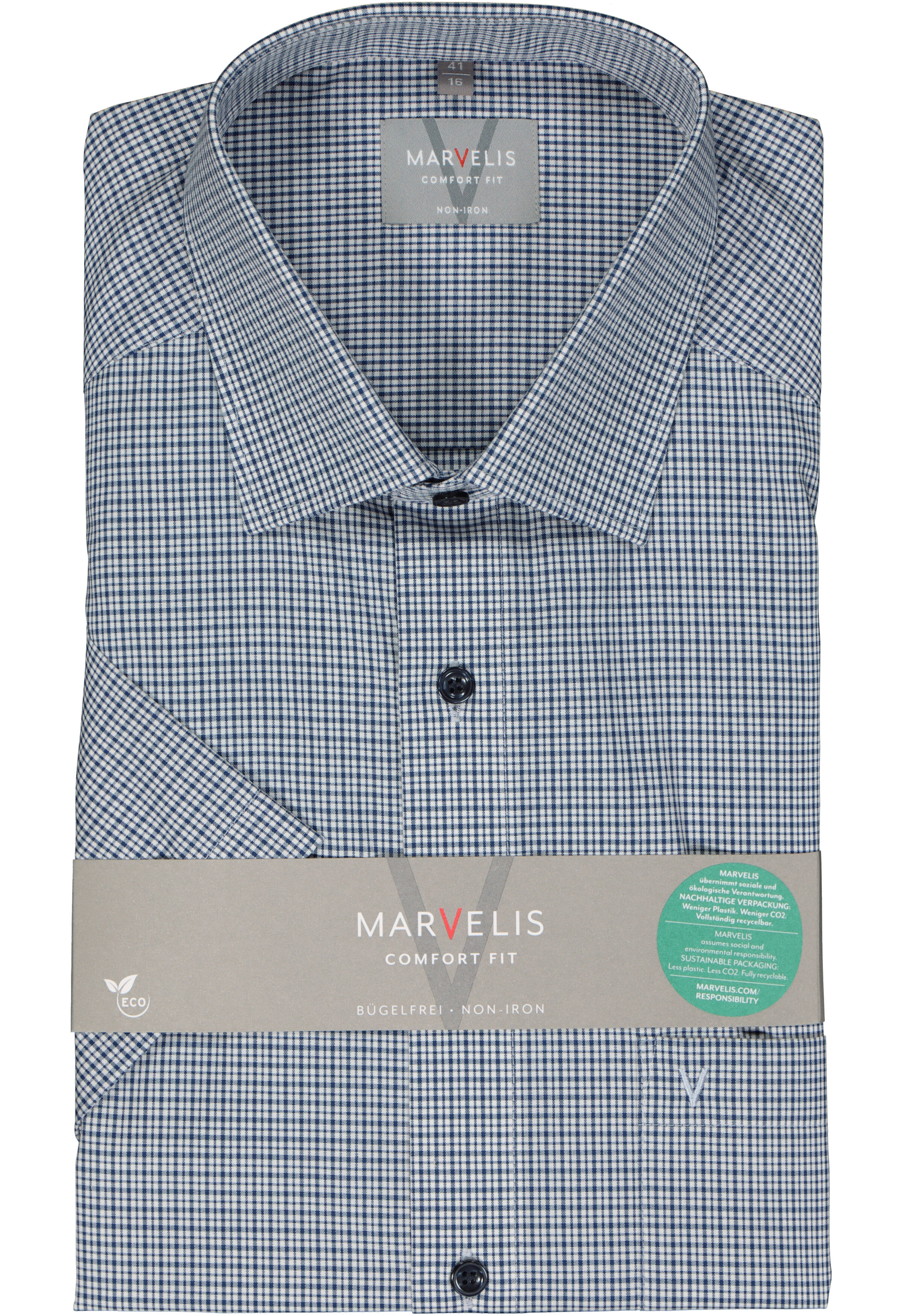 MARVELIS comfort fit overhemd, korte mouw, popeline, donkerblauw met wit geruit
