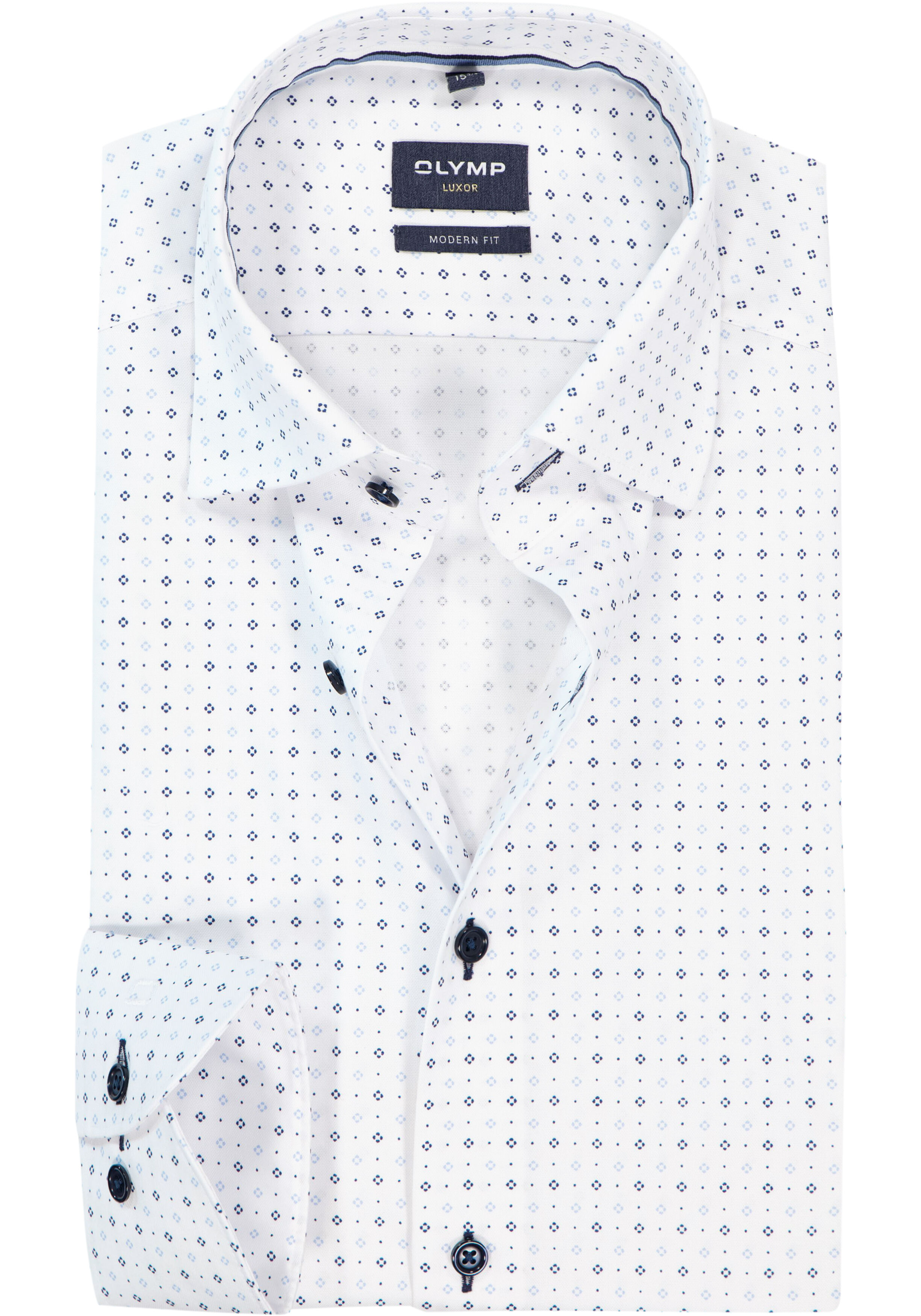 OLYMP Luxor modern fit overhemd, dobby, wit met licht- en donkerblauw dessin
