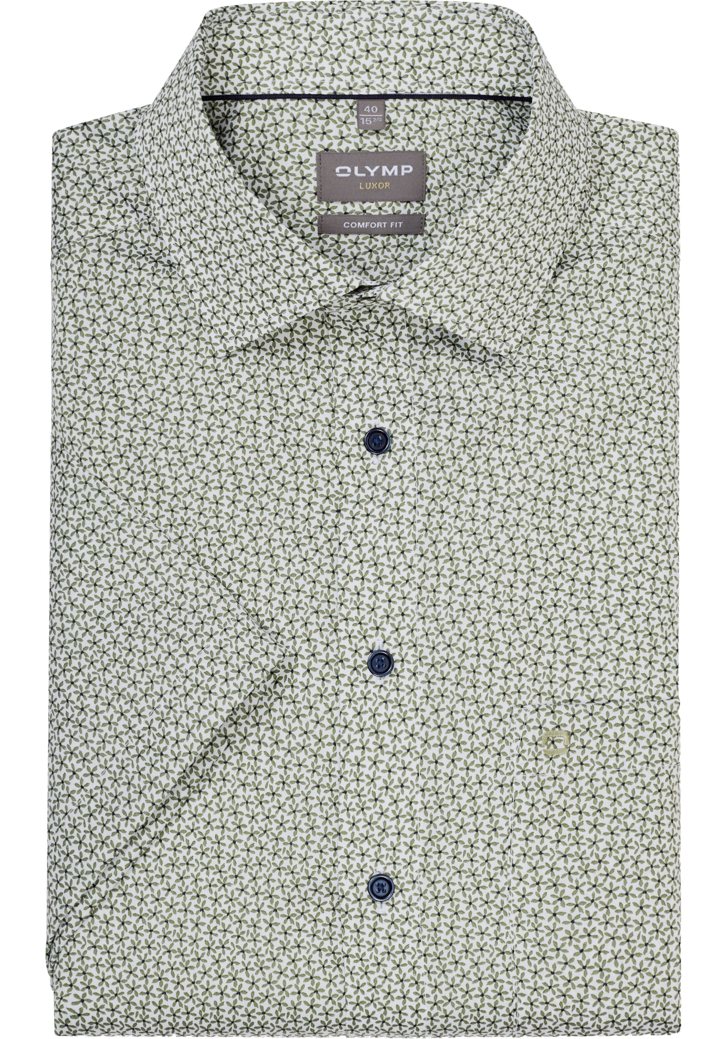 OLYMP Luxor comfort fit overhemd, korte mouw, dobby, wit met olijfgroen bloemetjes dessin