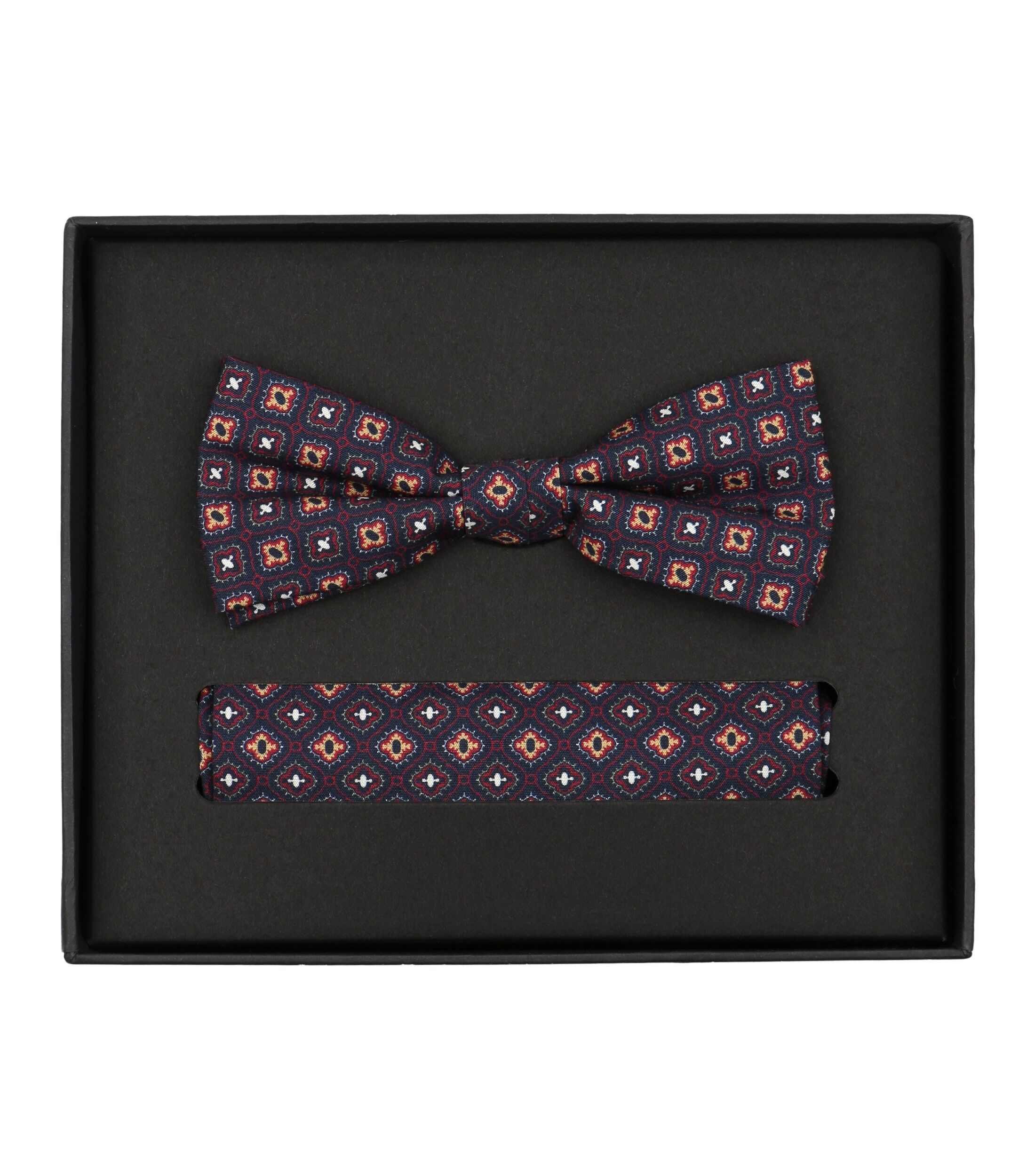 VENTI set met vlinderdas en pochet, donkerblauw, bordeaux, geel, wit dessin