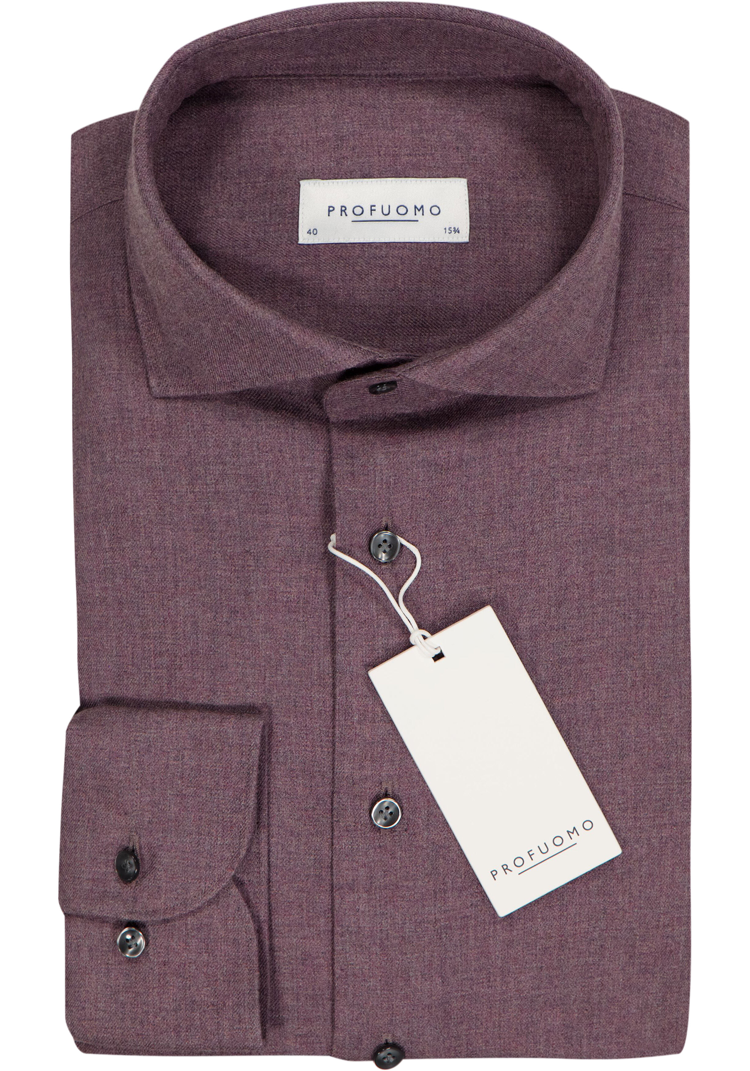 Profuomo slim fit heren overhemd, flanel, aubergine paars