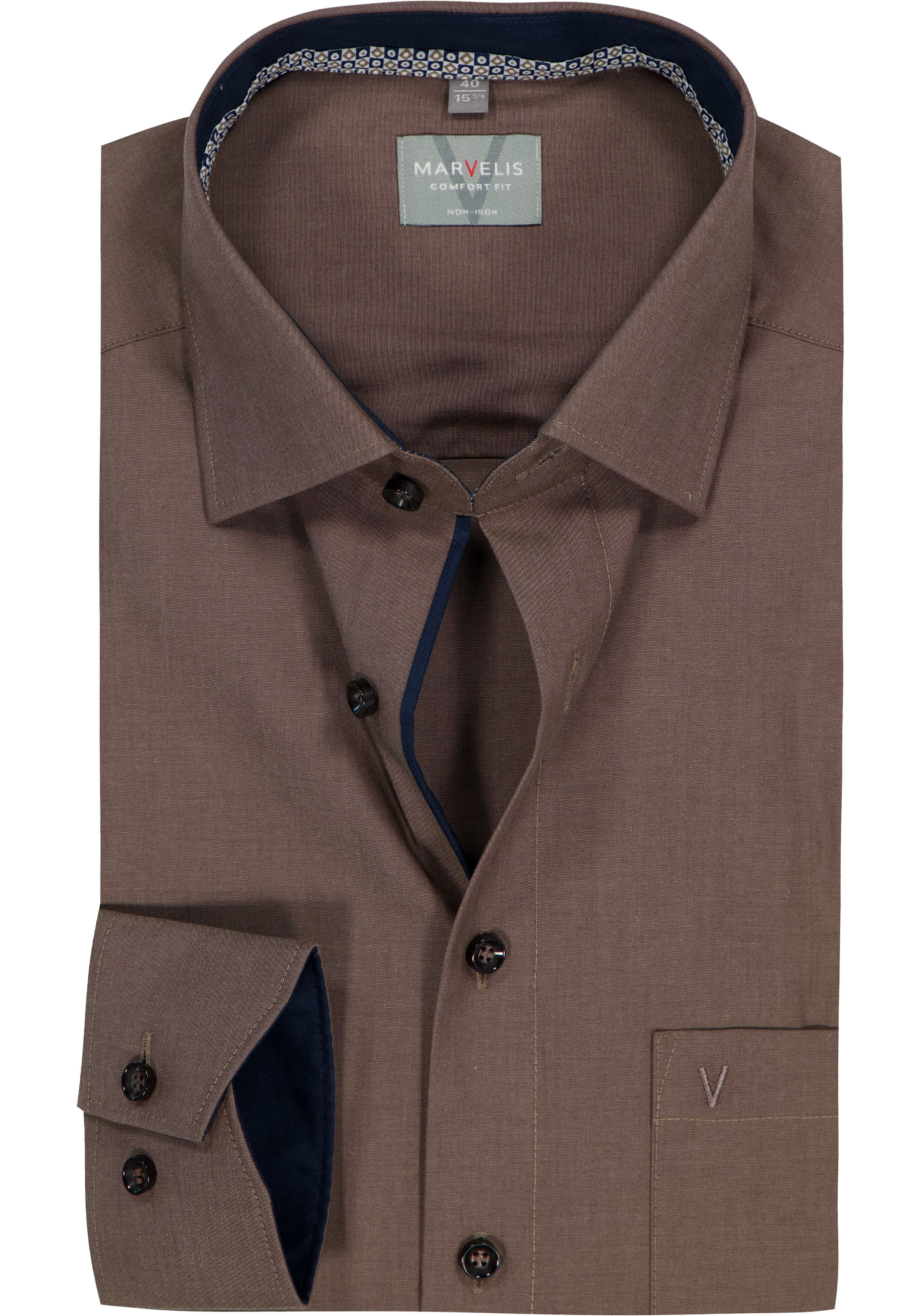 MARVELIS comfort fit overhemd, popeline, modderbruin