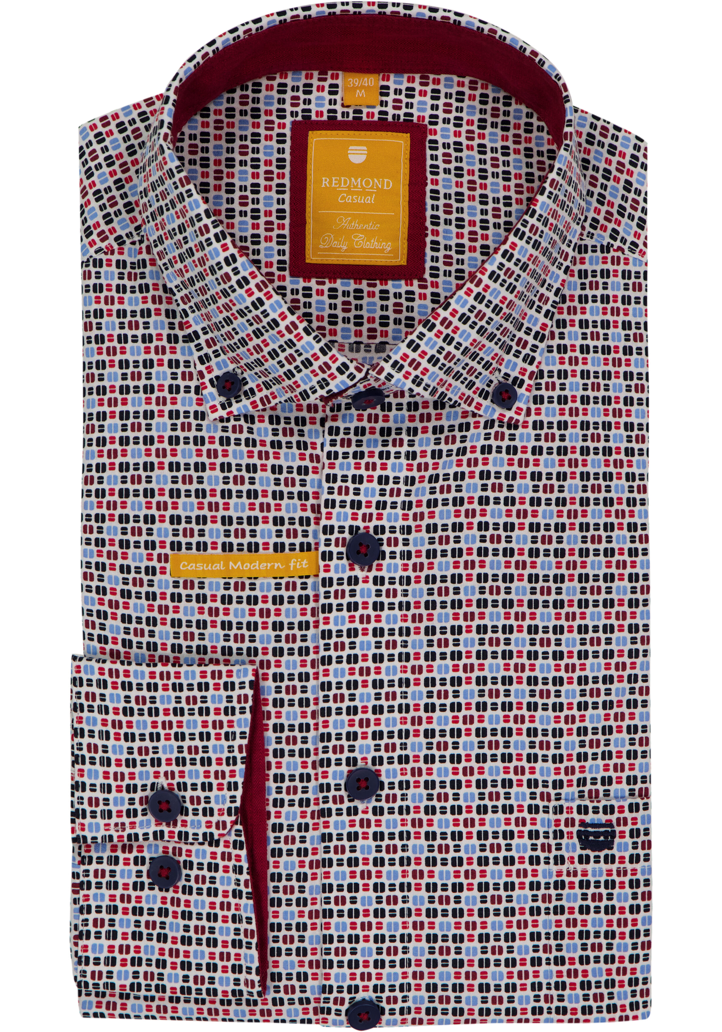 Redmond modern fit overhemd, popeline, wit met blauw en rood dessin
