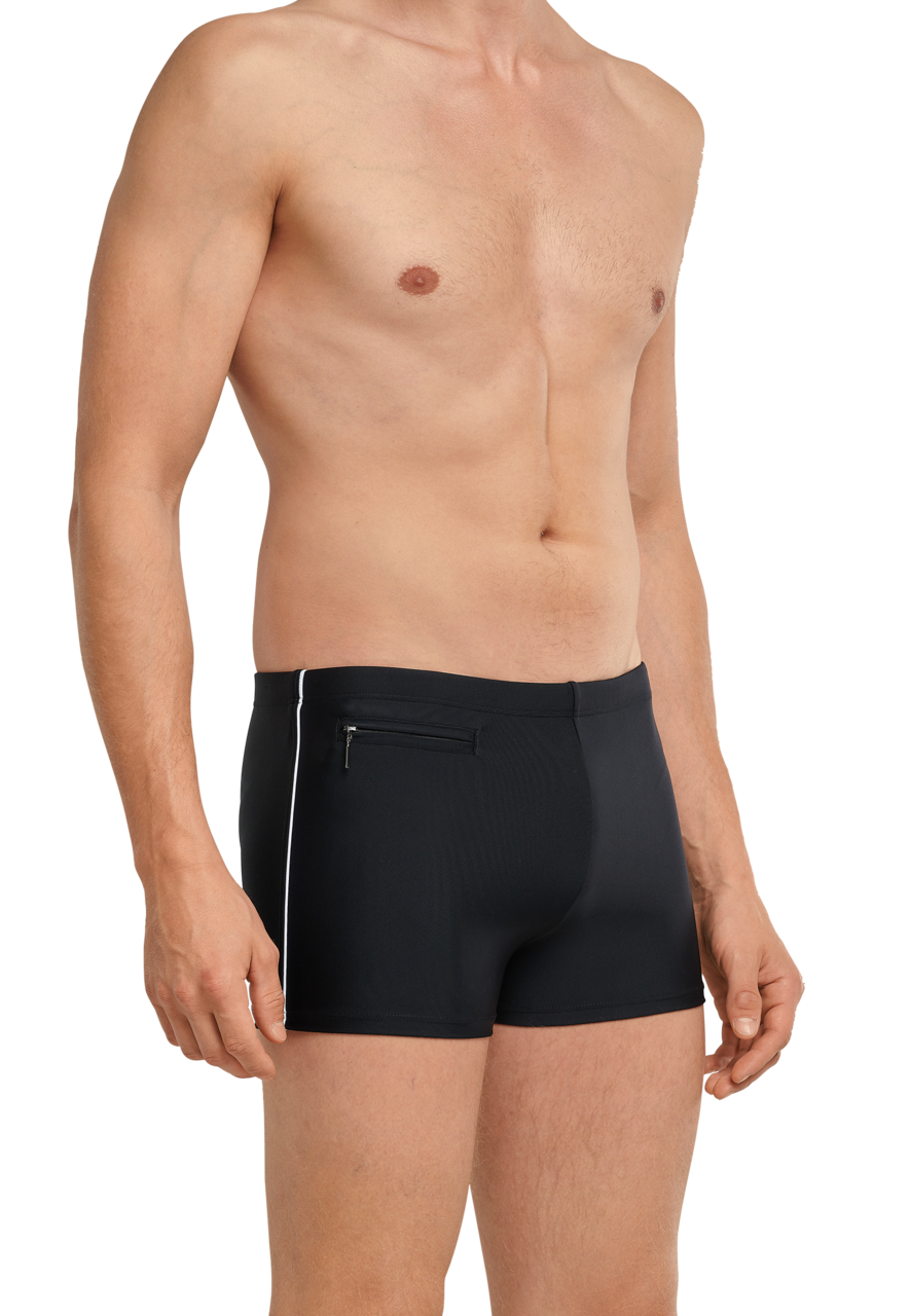 SCHIESSER nautisch casual heren badkleding, retro zwembroek met ritszakje in gerecyclede tricot fijne strepen zwart