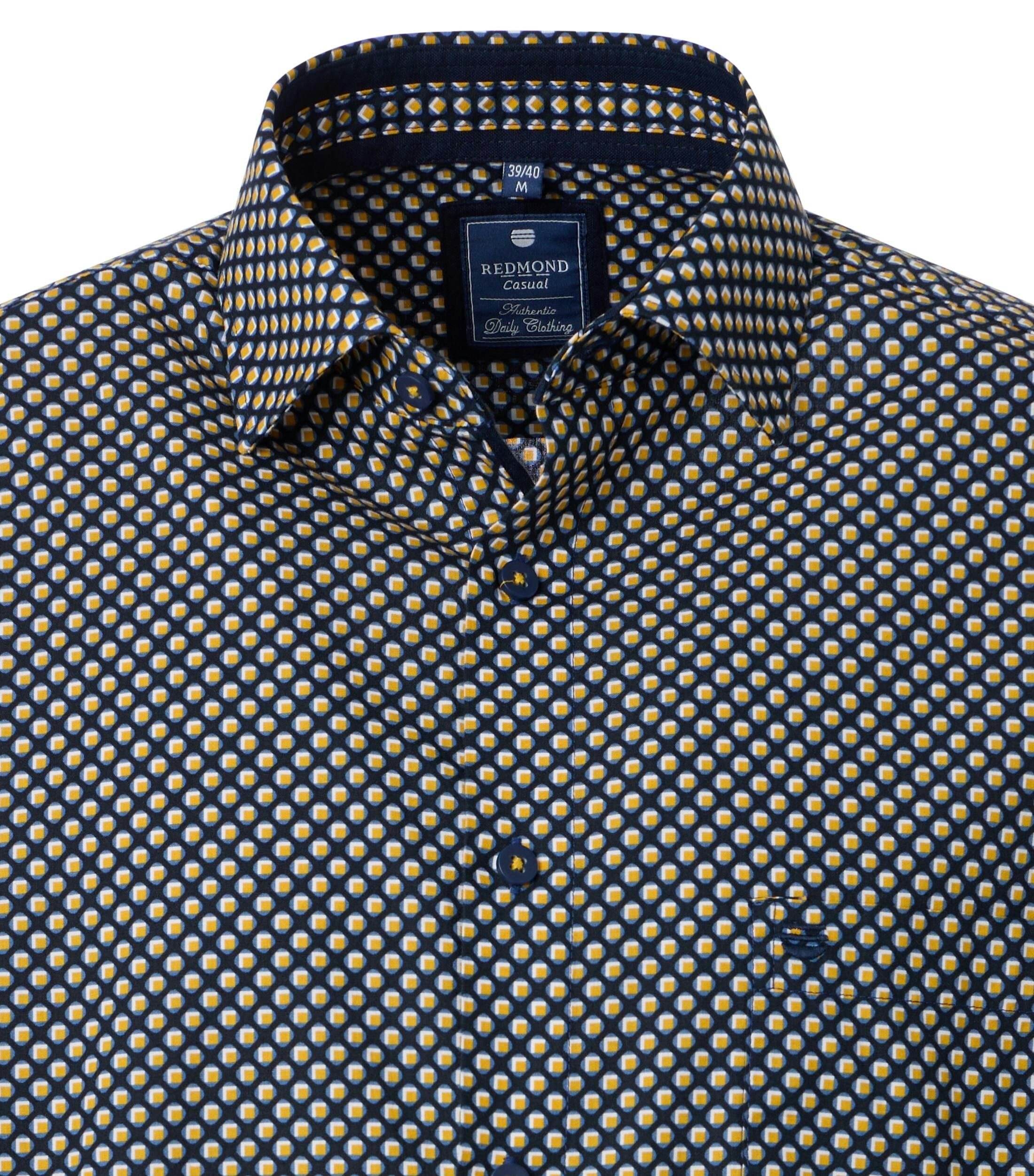 Redmond comfort fit overhemd, popeline, donkerblauw met geel, wit en lichtblauw dessin