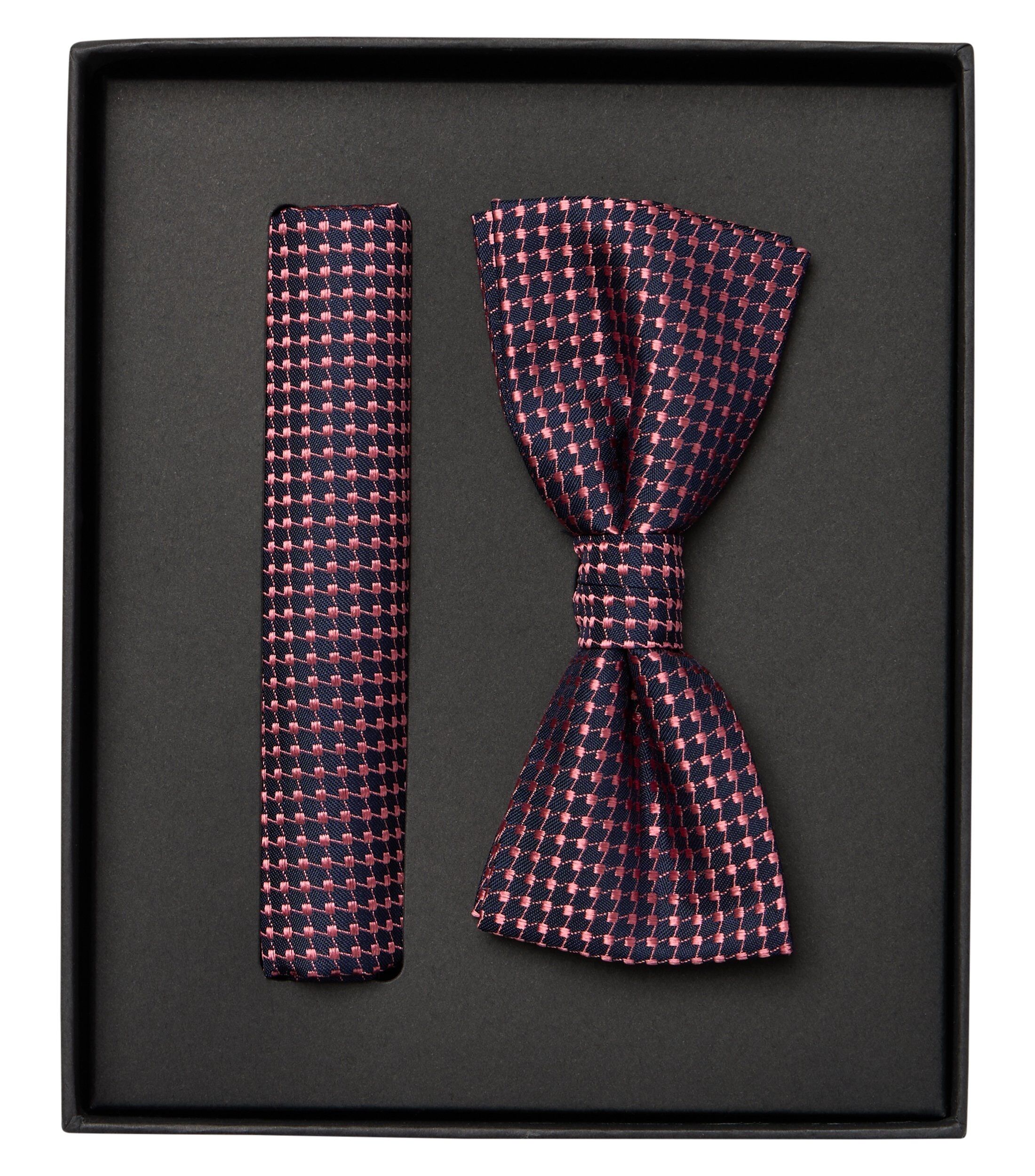 VENTI set met vlinderdas en pochet, donkerblauw, roze dessin