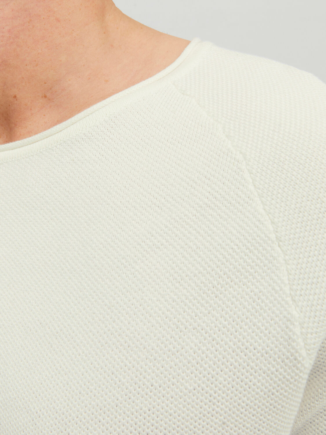 JACK & JONES Hill knit crew neck slim fit, heren pullover katoen met O-hals, offwhite