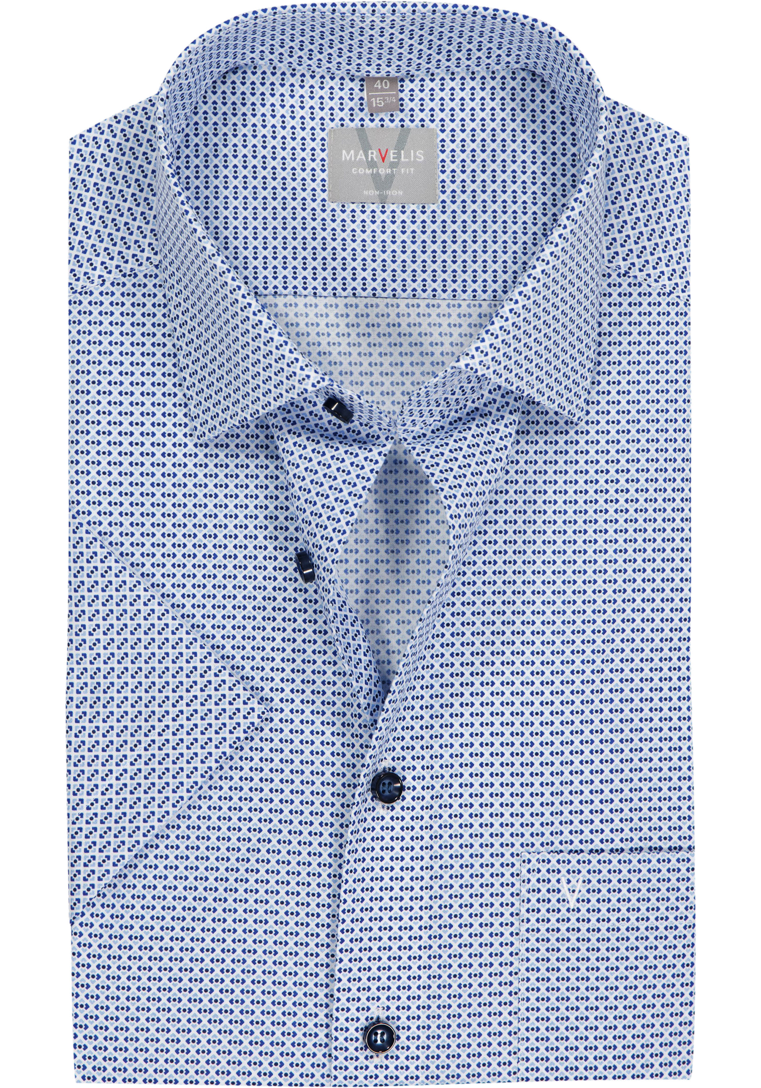 MARVELIS comfort fit overhemd, korte mouw, popeline, wit met licht- en donkerblauw dessin