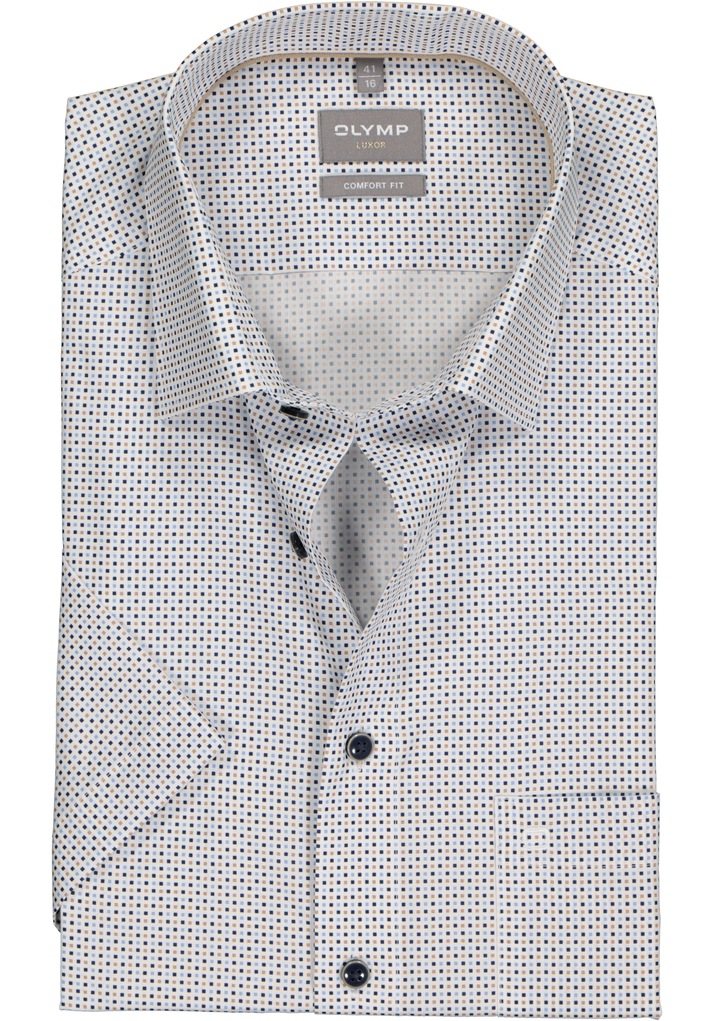 OLYMP comfort fit overhemd, korte mouw, popeline, wit met blauw en beige blokjes dessin
