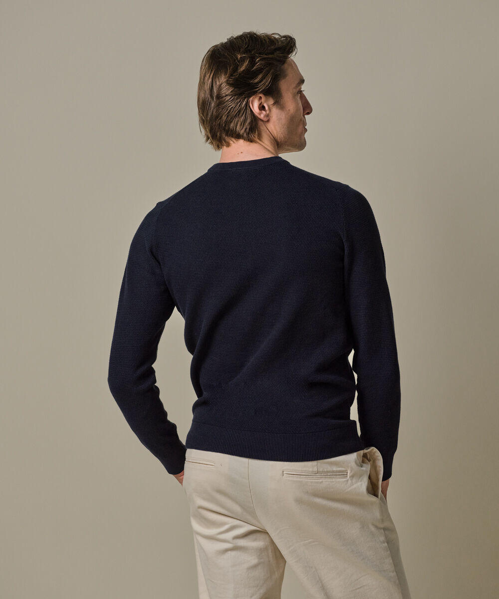 Profuomo heren trui katoen, slim fit trui met O-hals, donkerblauw