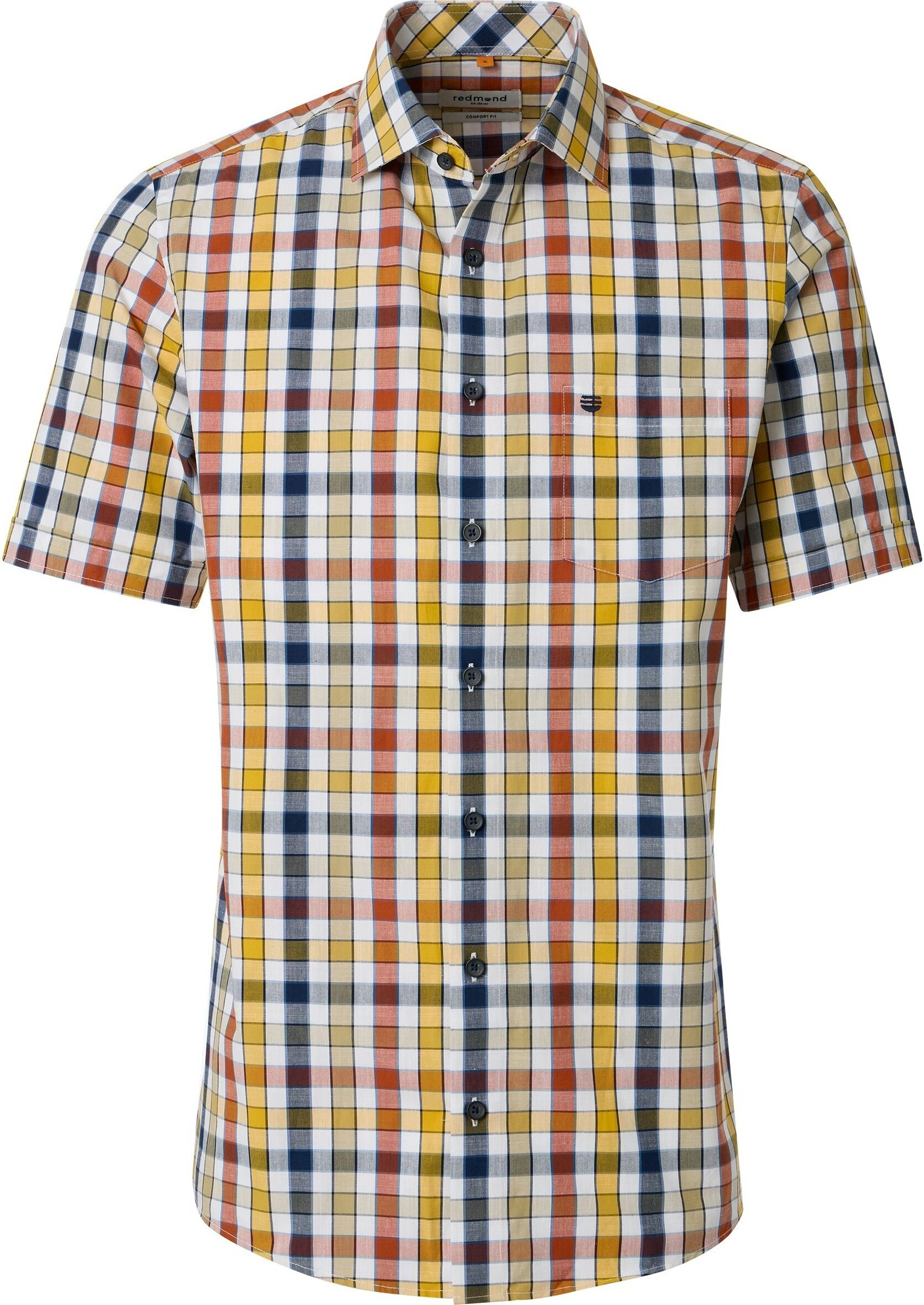 Redmond modern fit overhemd, korte mouw, chambray, geel, wit, oranje, blauw geruit